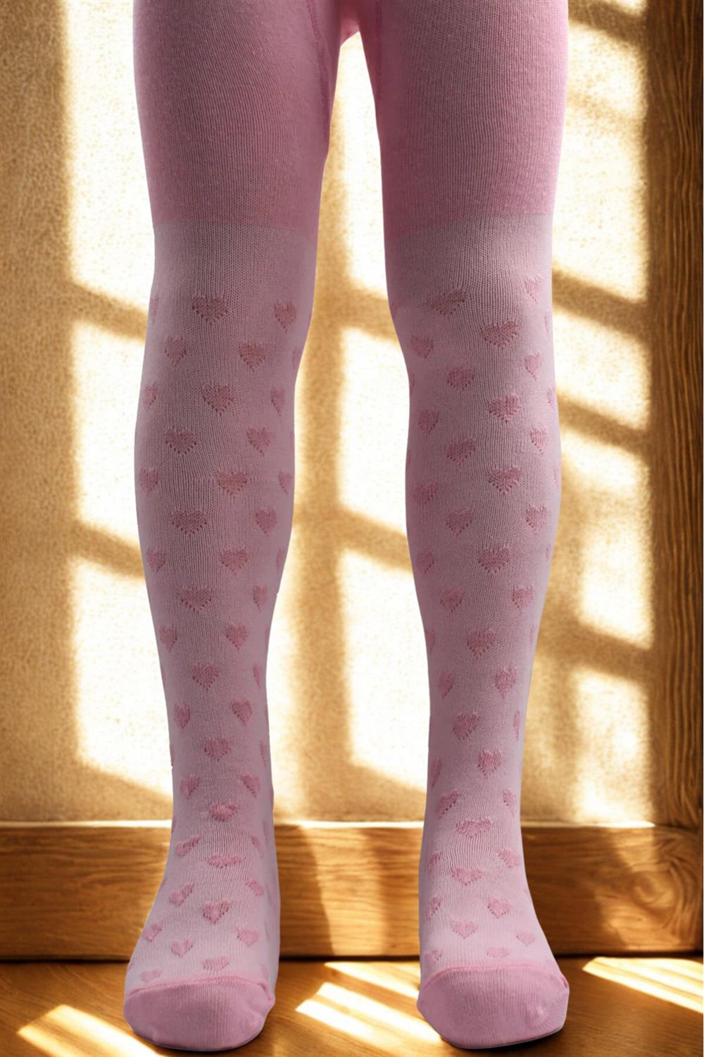 Image of Girl's Cotton Heart Pattern Tights Pink