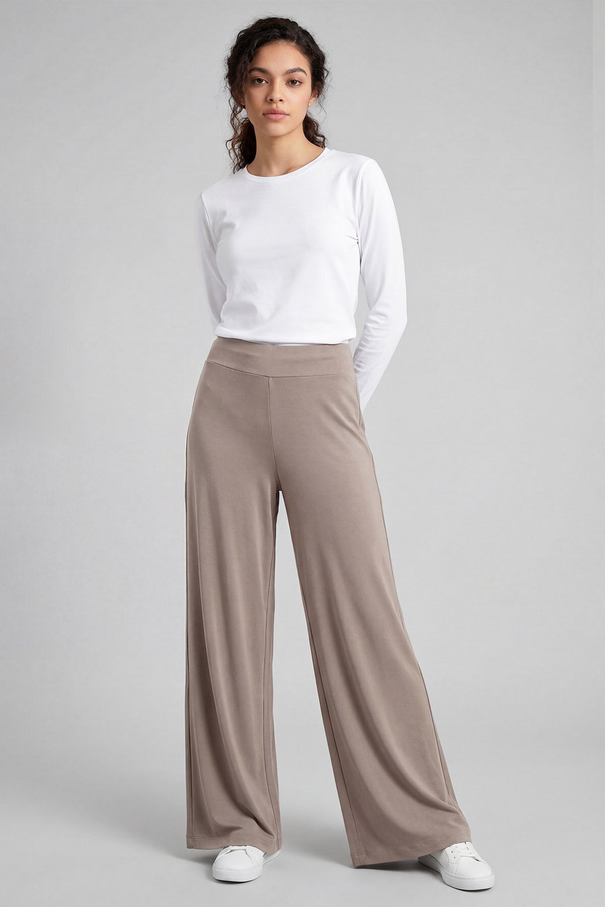 Image of Koyu Bej Comfort Fit Geniş Paça Korsajlı Palazzo Kadın Pantolon - 94681