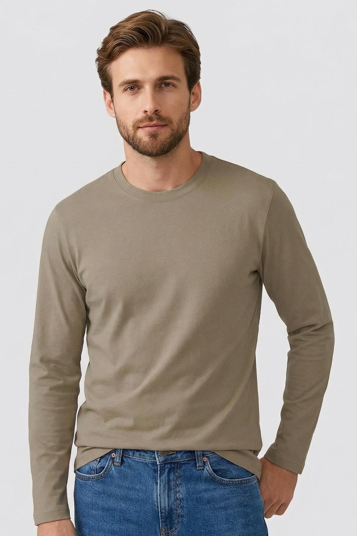 Image of Koyu Bej Standart Fit Basic O Yaka Uzun Kollu İnce Erkek T-Shirt - 87997