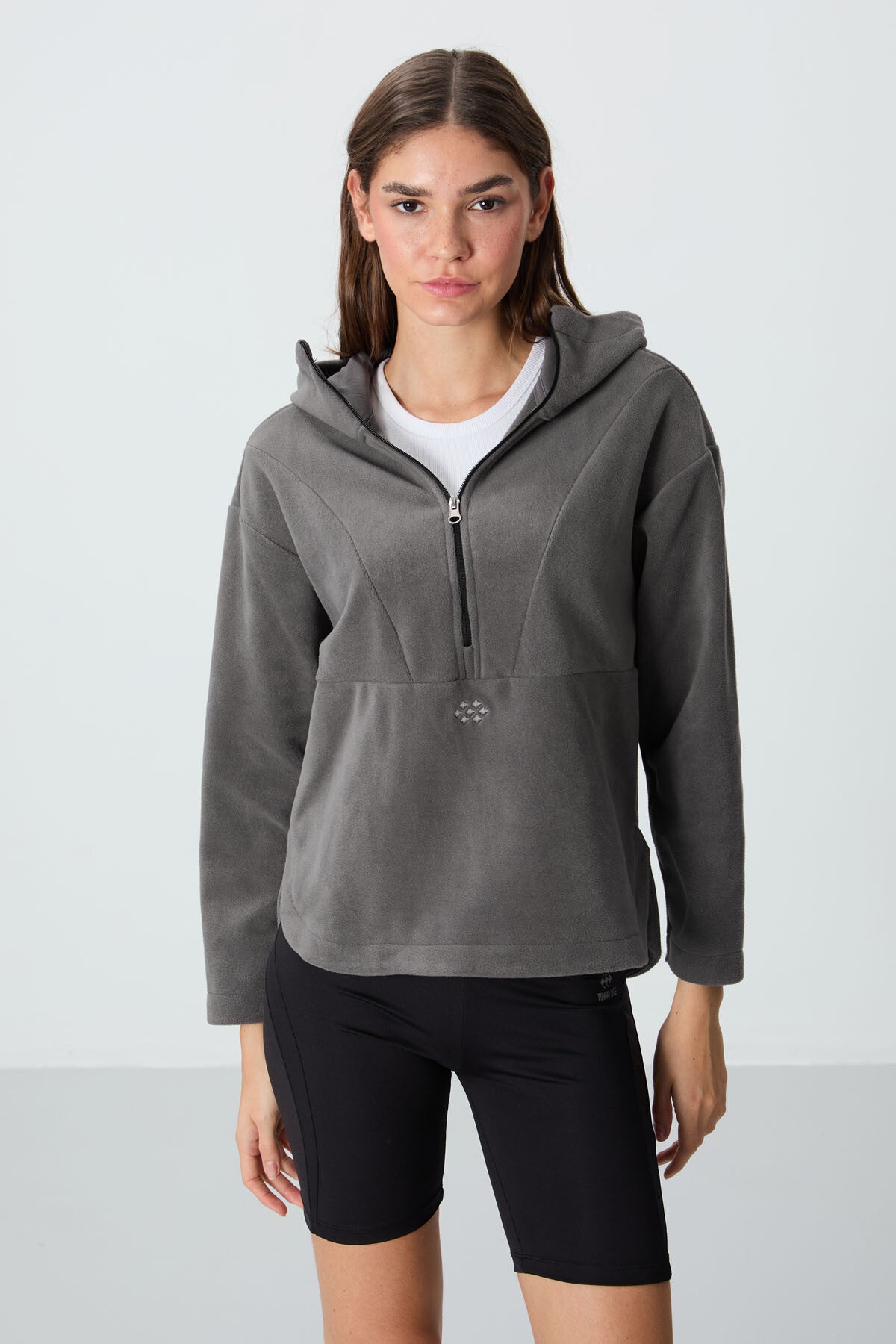 Image of Koyu Gri Kalın Yumuşak Dokulu Kapüşonlu Oversize Nakışlı Polar Kadın Sweatshirt -97286