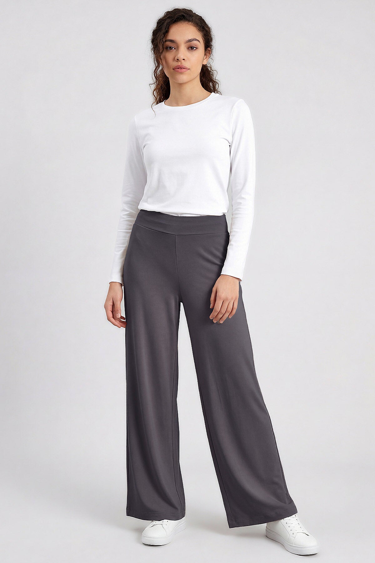 Image of Koyu Gri Comfort Fit Geniş Paça Korsajlı Palazzo Kadın Pantolon - 94681
