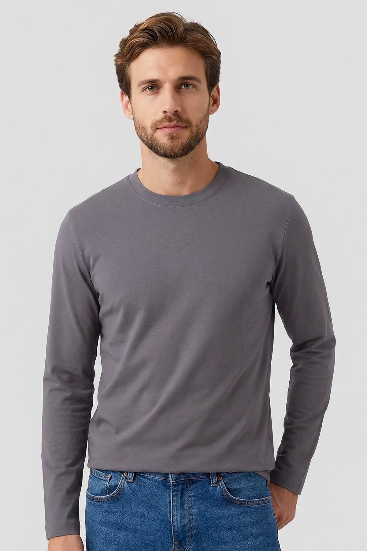 Image of Koyu Gri Standart Fit Basic O Yaka Uzun Kollu İnce Erkek T-Shirt - 87997
