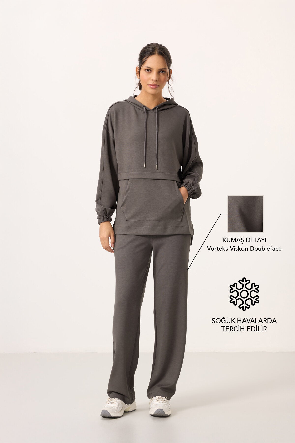 Image of Koyu Gri Yumuşak Dokulu Kapüşonlu Oversize Kadın Eşofman Tunik Takım - 95348