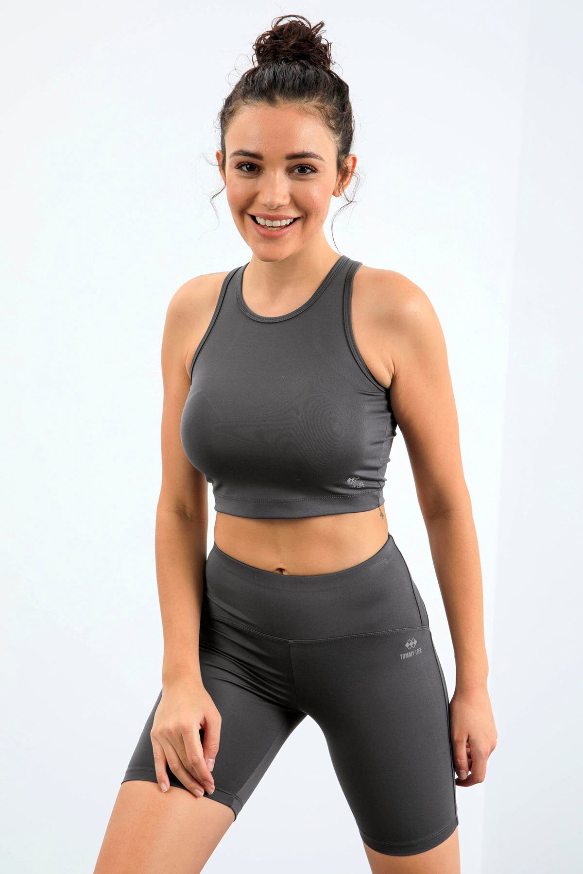 Image of Koyu Gri Yüksek Bel Toparlayıcı Dar Kalıp Crop Biker Kadın Tayt Takım - 95302