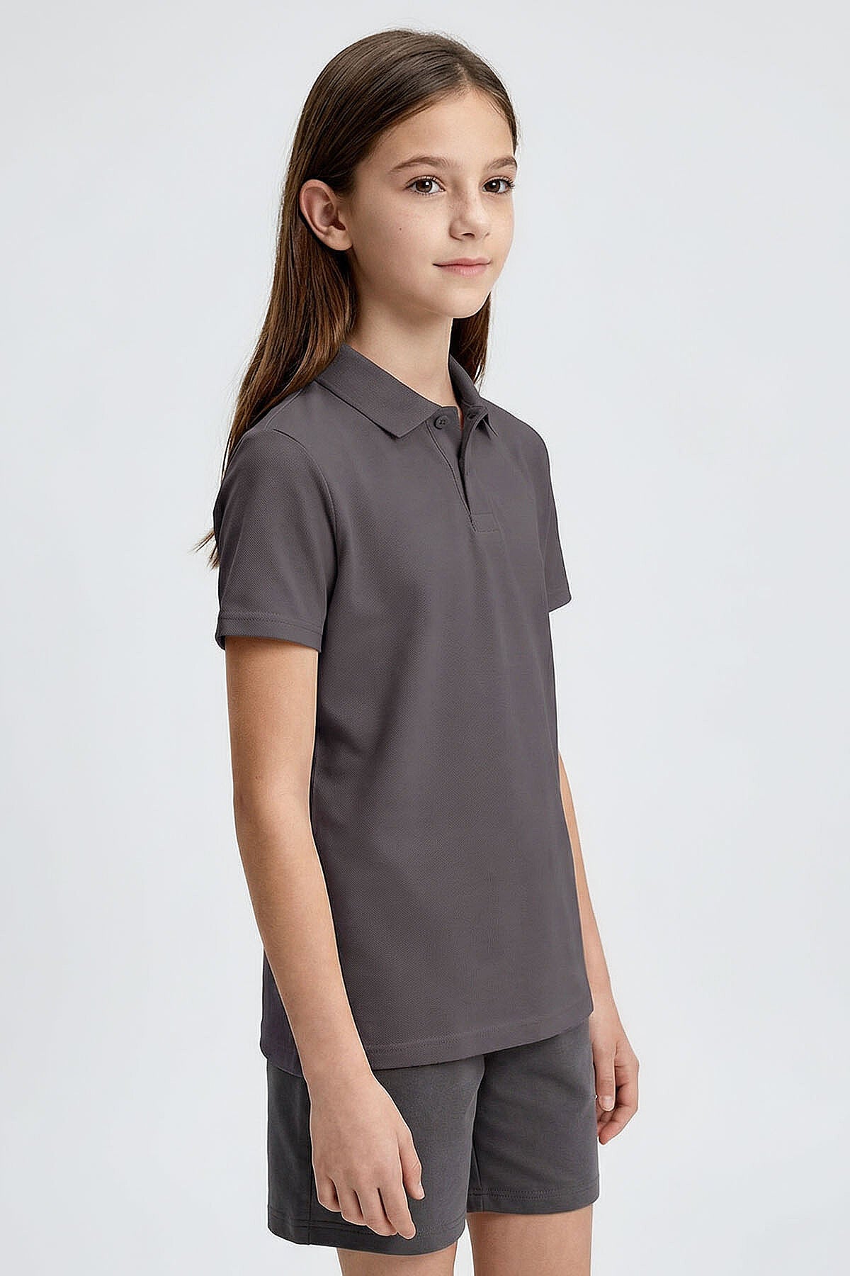 Image of Koyu Gri Polo Yaka Standart Fit Basic Unisex Çocuk T-Shirt - 11330