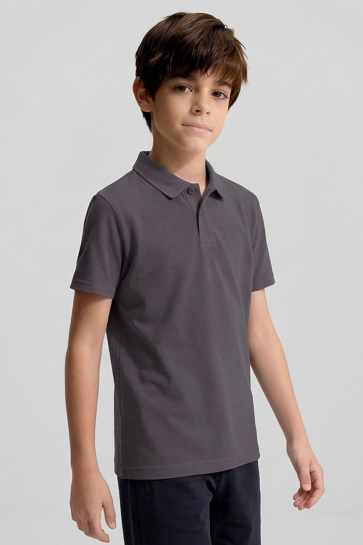 Image of Koyu Gri Polo Yaka Standart Fit Basic Unisex Çocuk T-Shirt - 11330