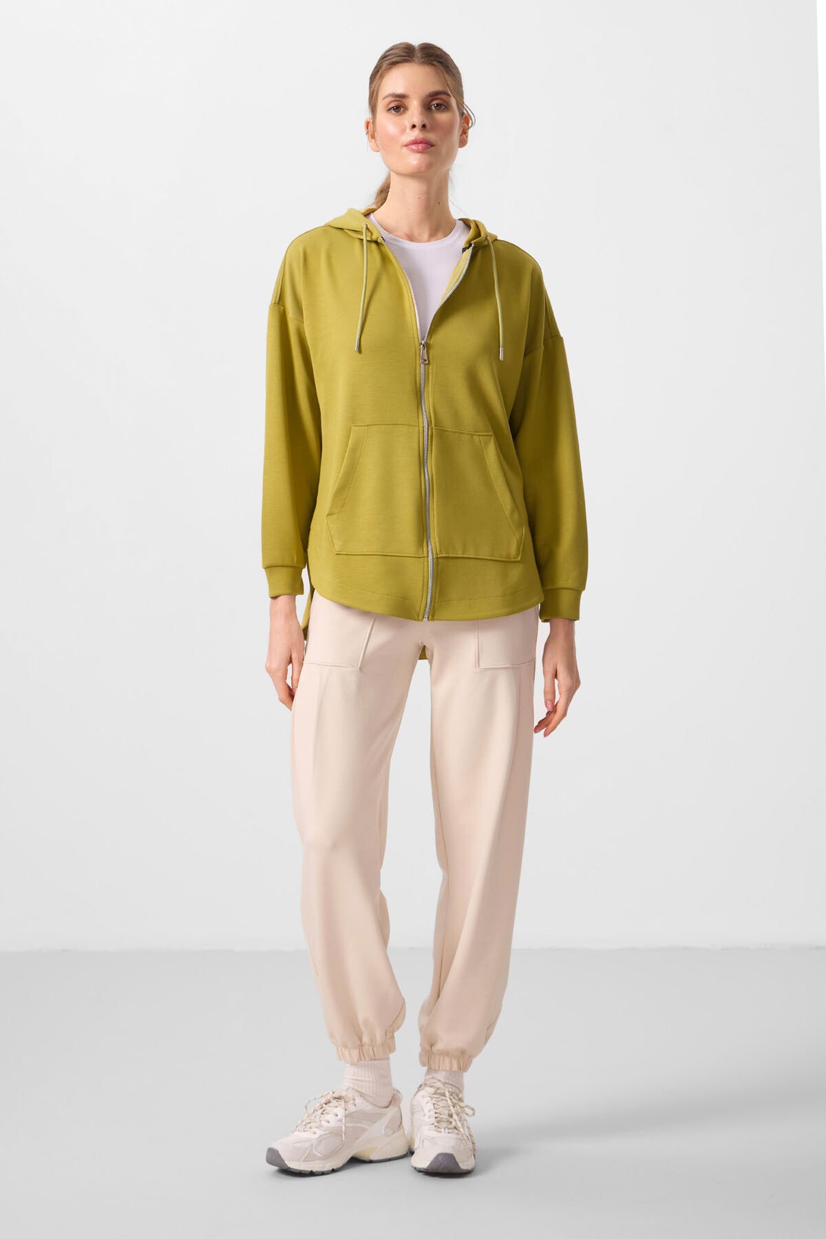Image of Koyu Hardal Yumuşak Dokulu Kapüşonlu Oversize Kadın Tunik Sweatshirt - 97302