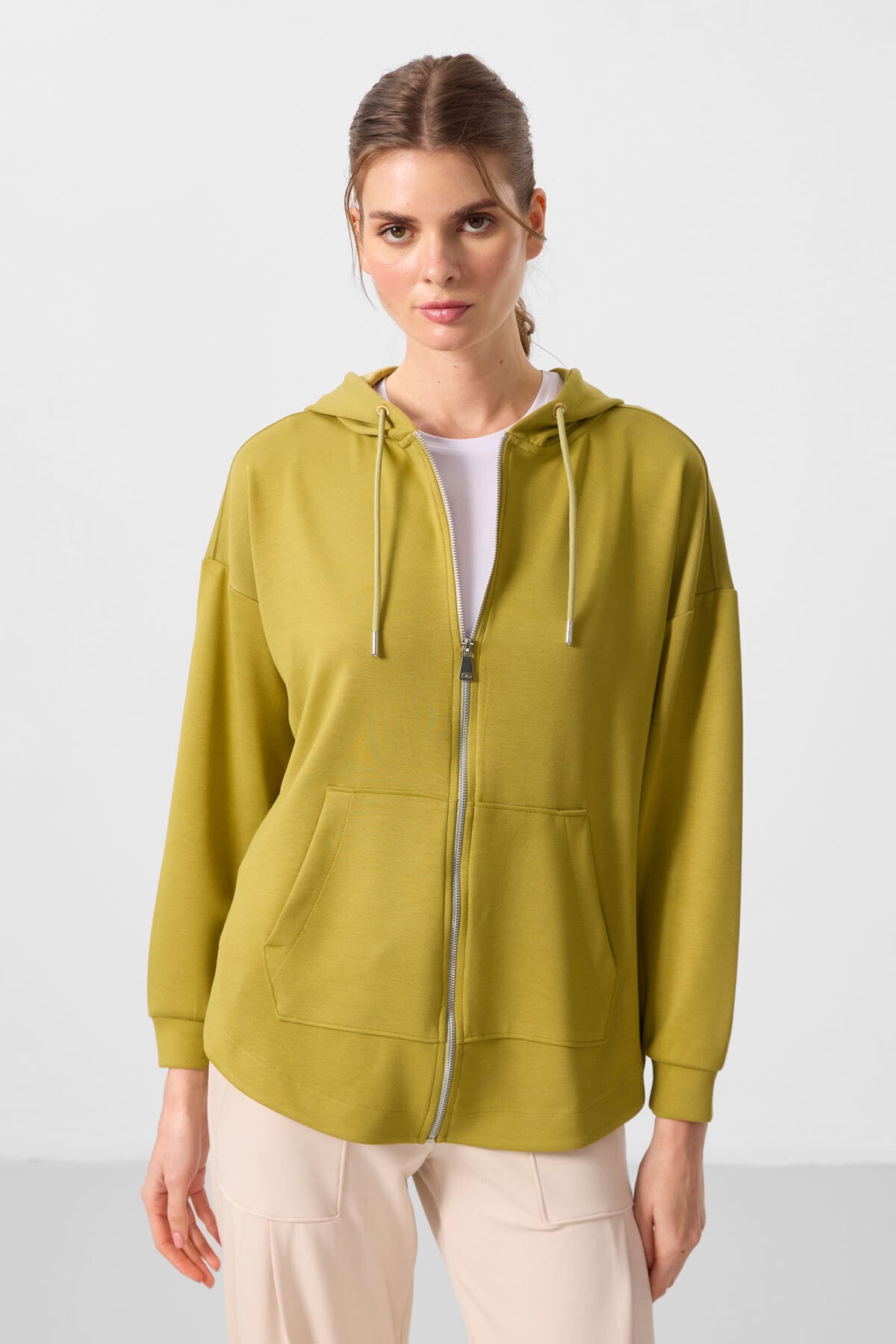 Image of Koyu Hardal Yumuşak Dokulu Kapüşonlu Oversize Kadın Tunik Sweatshirt - 97302