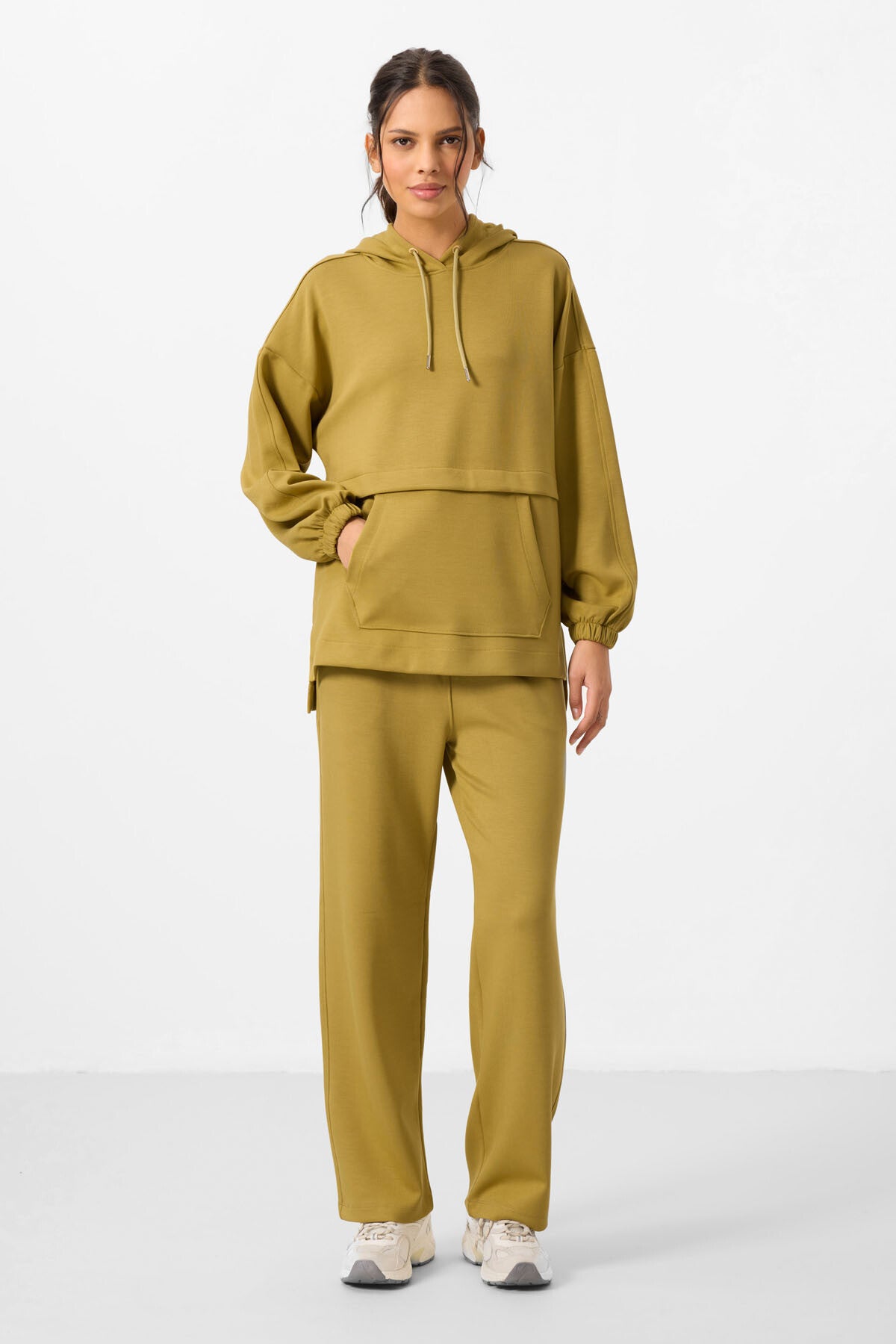 Image of Koyu Hardal Yumuşak Dokulu Kapüşonlu Oversize Kadın Eşofman Tunik Takım - 95348