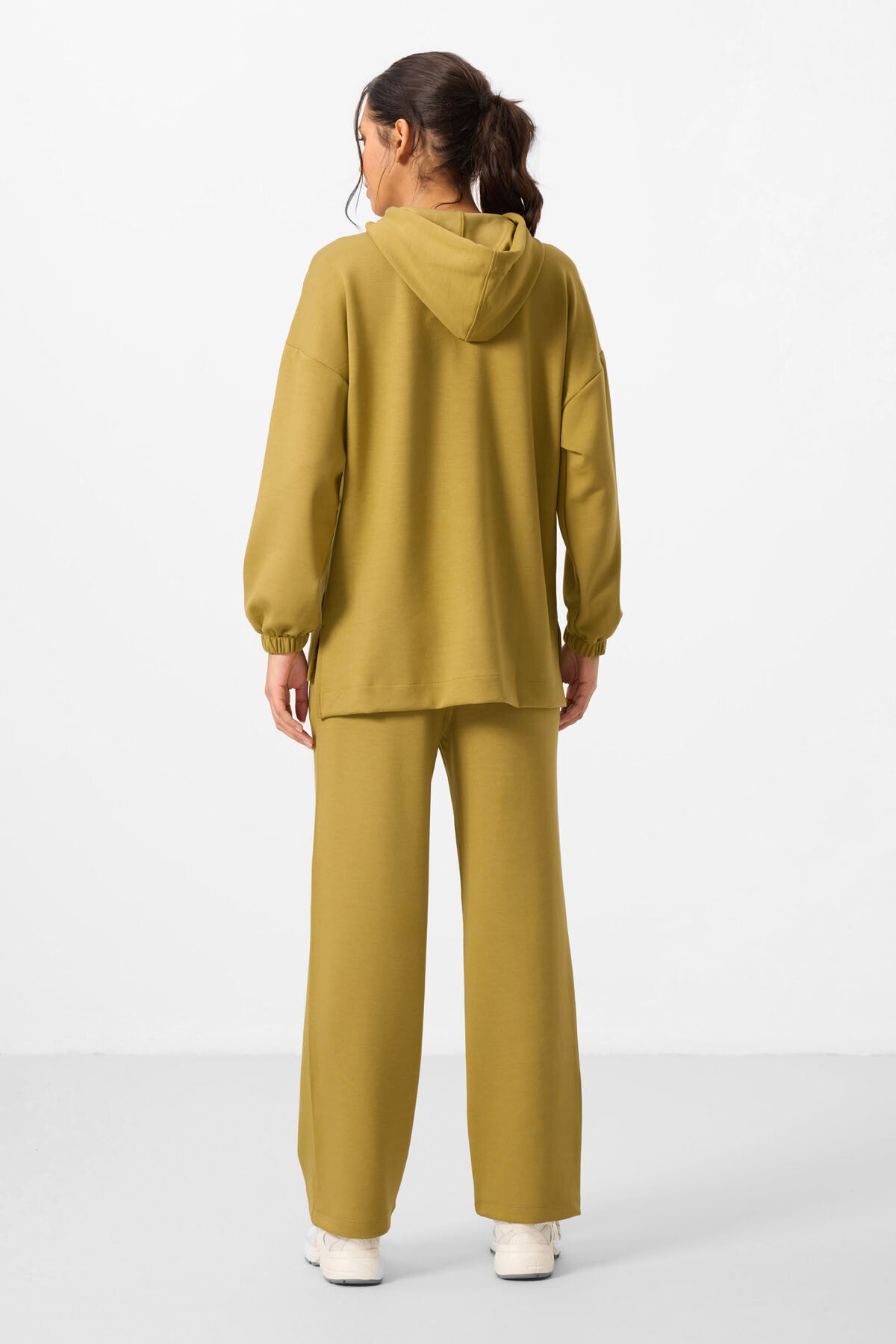 Image of Koyu Hardal Yumuşak Dokulu Kapüşonlu Oversize Kadın Eşofman Tunik Takım - 95348