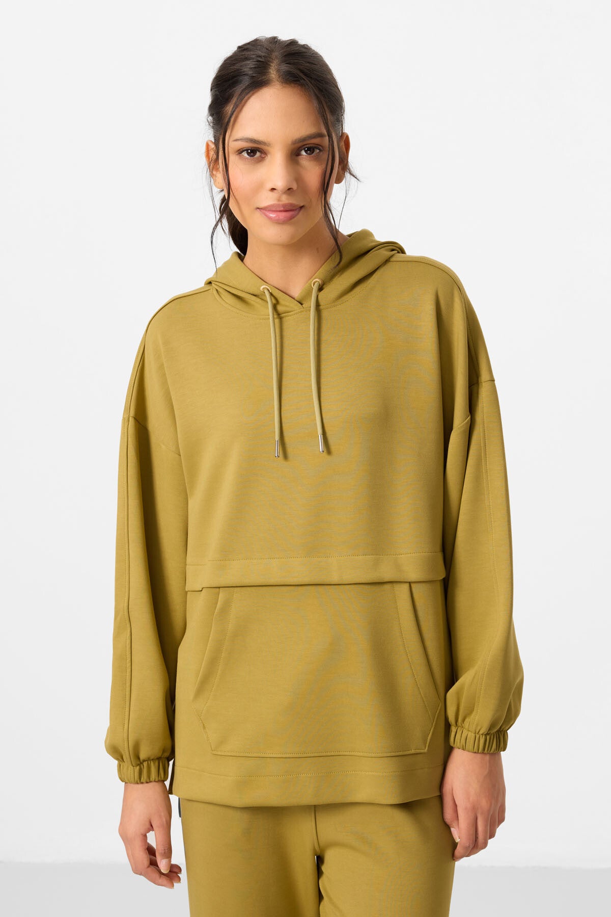 Image of Koyu Hardal Yumuşak Dokulu Kapüşonlu Oversize Kadın Eşofman Tunik Takım - 95348