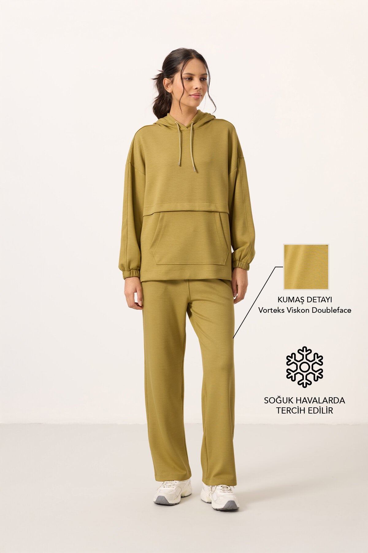 Image of Koyu Hardal Yumuşak Dokulu Kapüşonlu Oversize Kadın Eşofman Tunik Takım - 95348