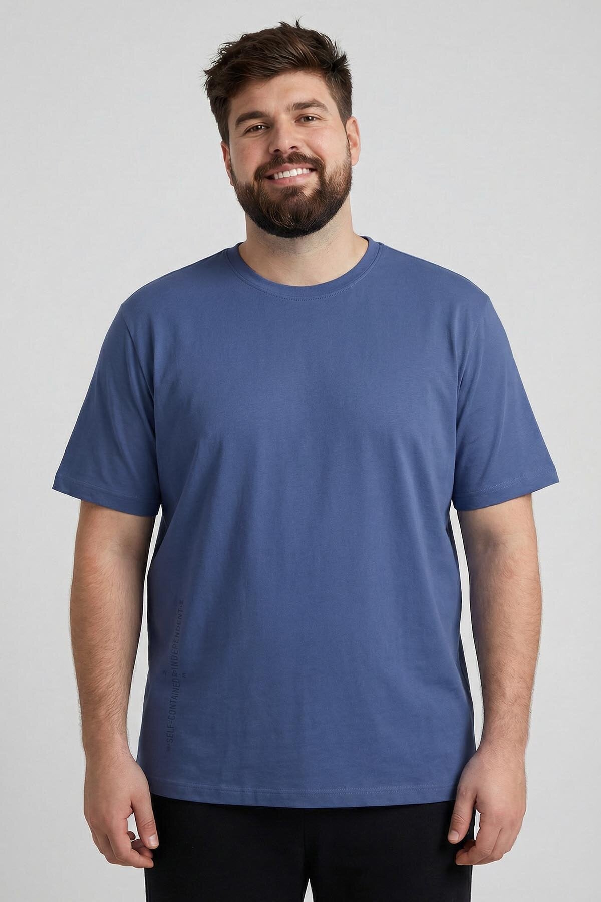 Image of Koyu Mavi Baskılı O Yaka Rahat Form Battal Büyük Beden Erkek T-Shirt - 88472