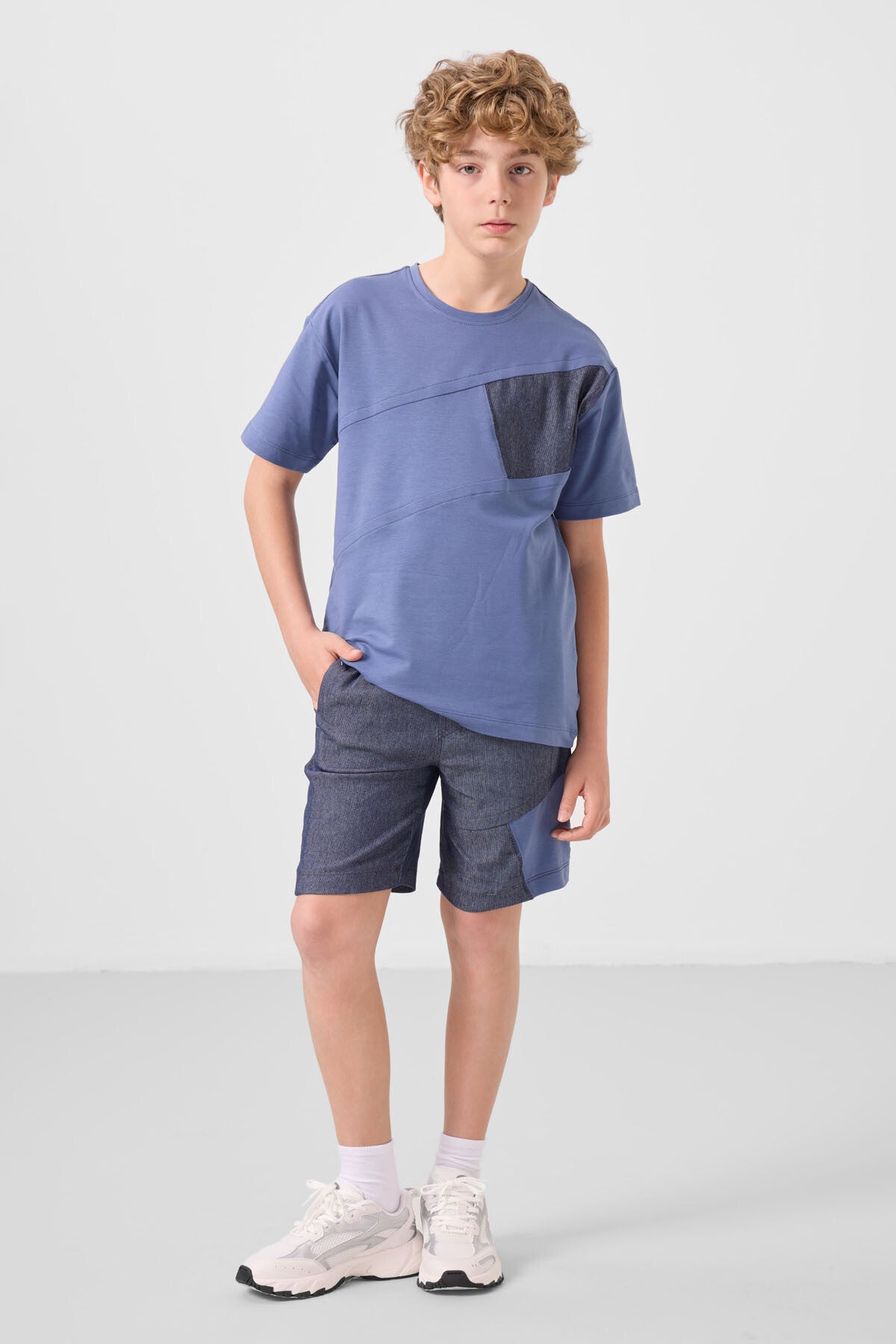Image of Set pantaloni scurți chino ușori, elastici, din bumbac, albastru închis-denim, bleumarin, croială supradimensionată, pentru băieți - 11275