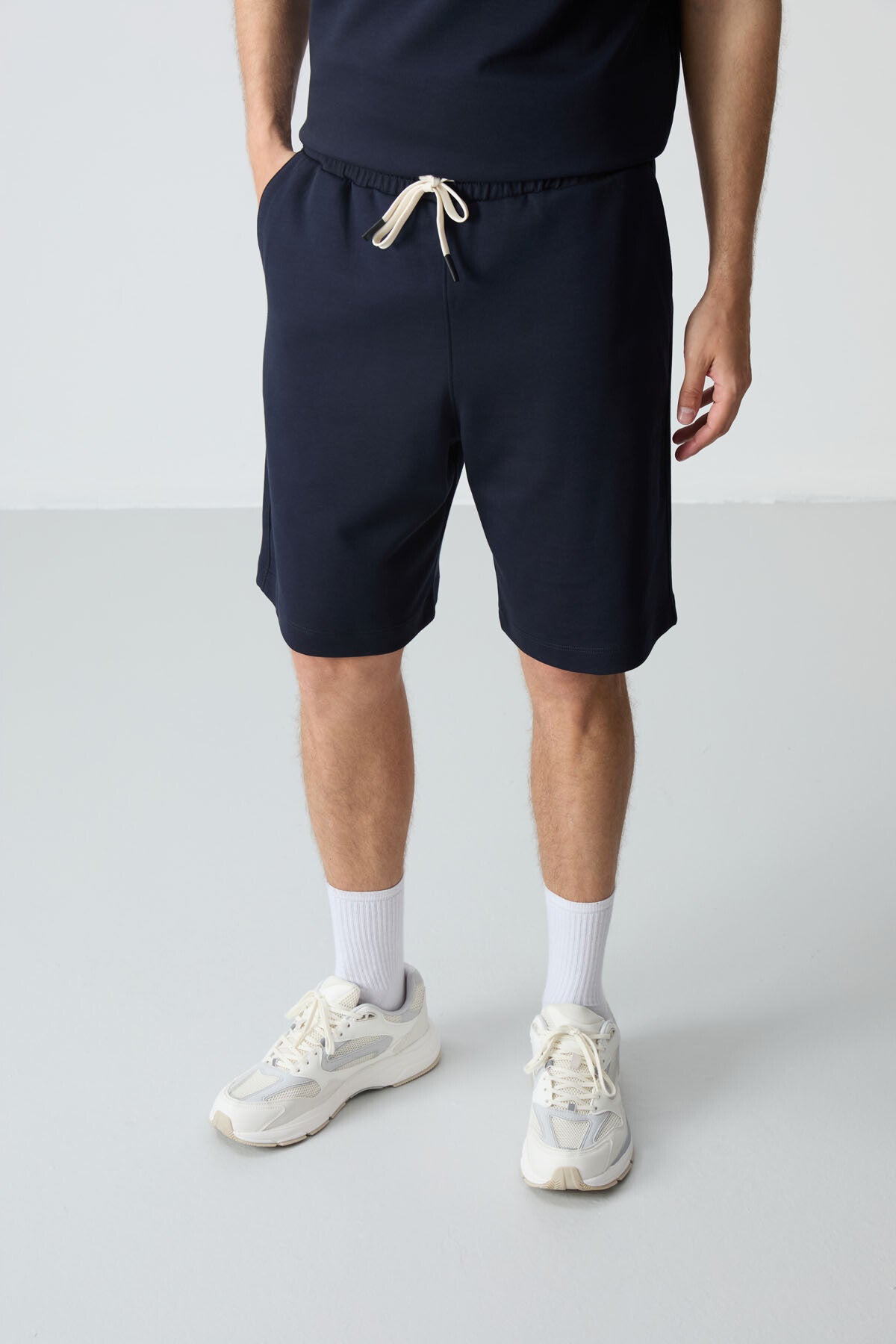 Image of Lacivert Pamuklu Kalın Yumuşak Dokulu Comfort Fit Basic Erkek Şort Takım - 85257
