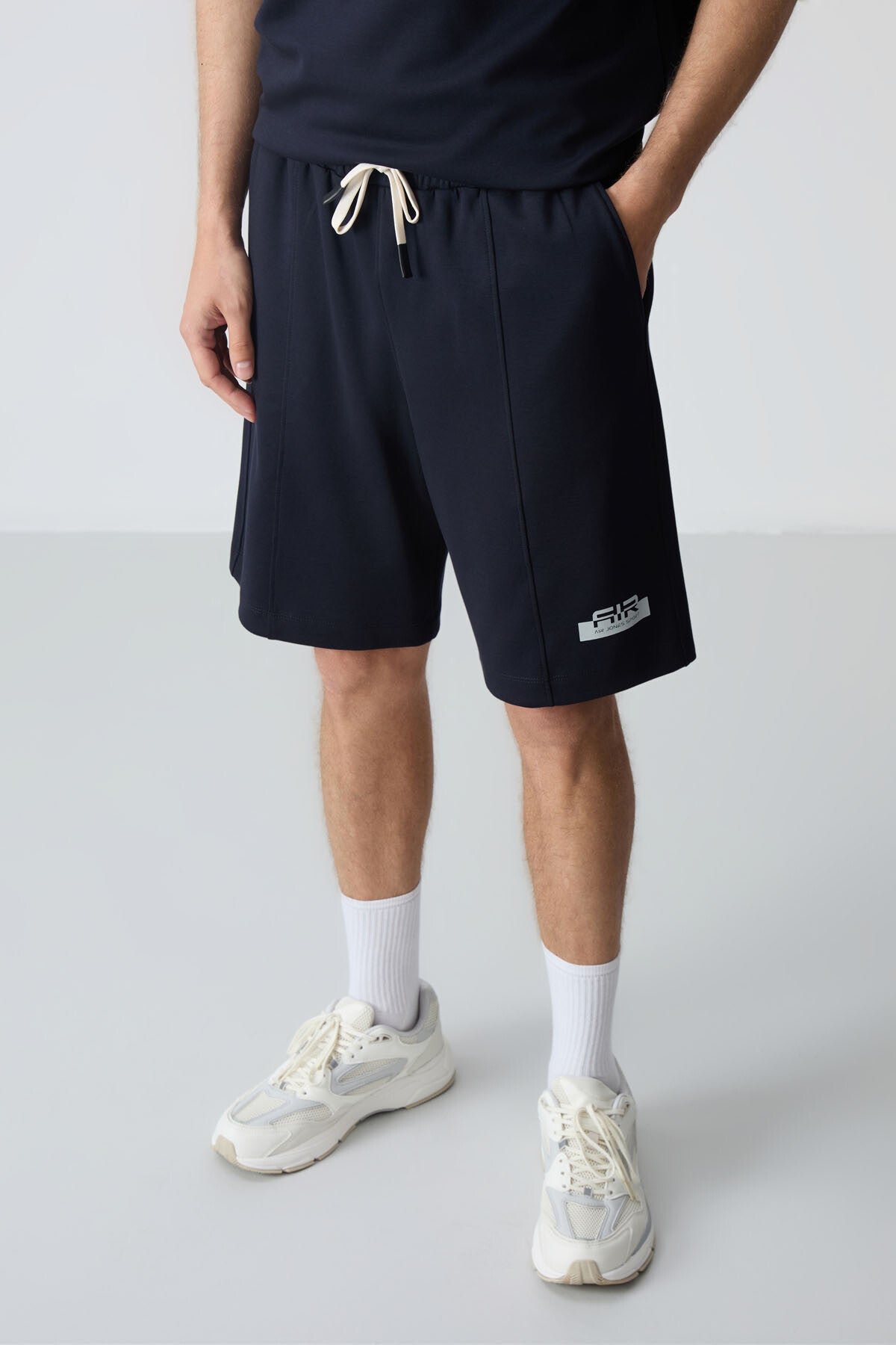 Image of Lacivert Pamuklu Kalın Yumuşak Dokulu Oversize Fit Basic Erkek Şort Takım - 85259