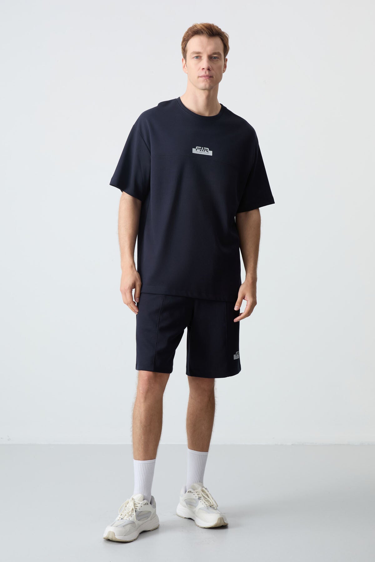 Image of Lacivert Pamuklu Kalın Yumuşak Dokulu Oversize Fit Basic Erkek Şort Takım - 85259