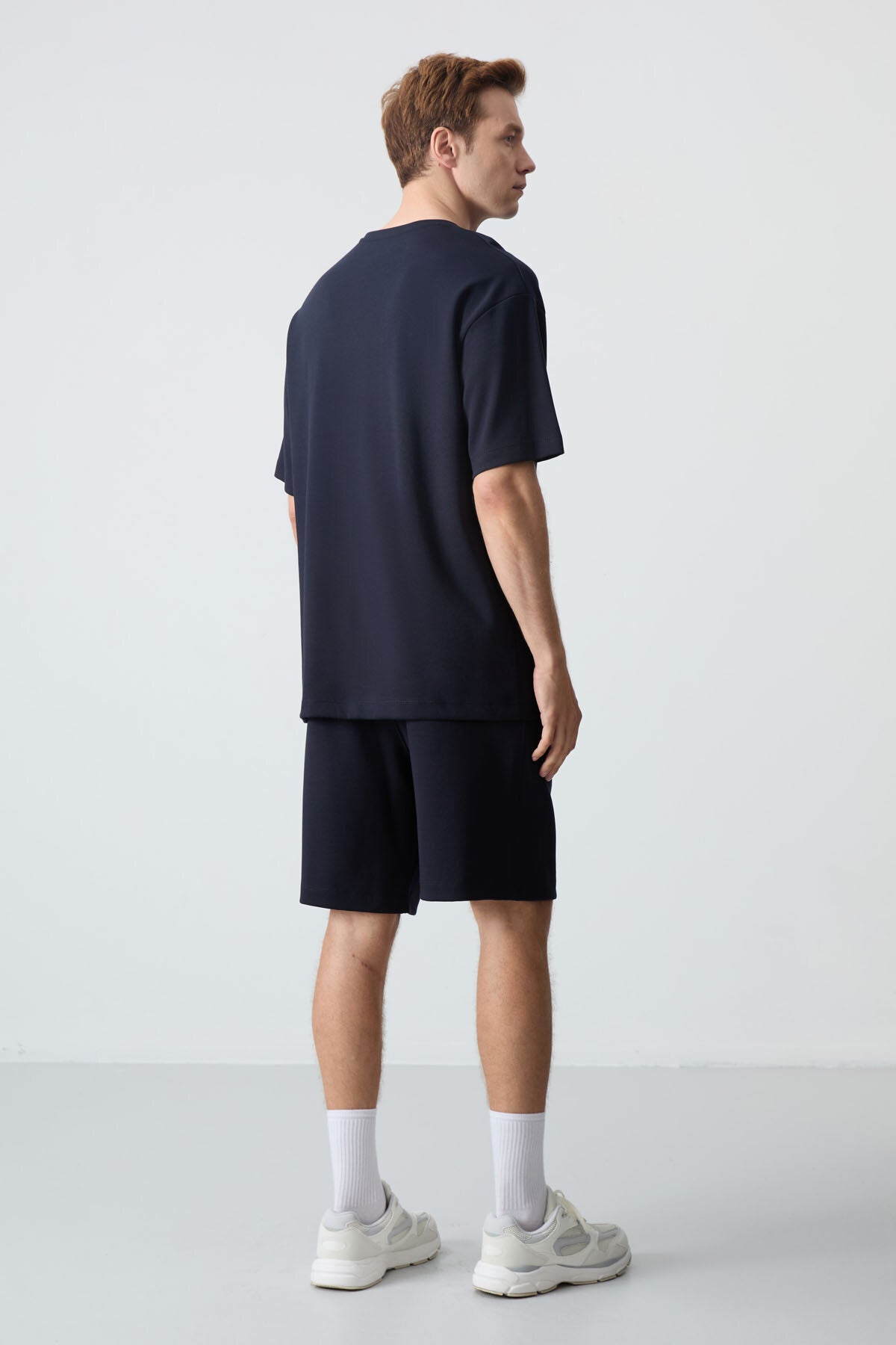 Image of Lacivert Pamuklu Kalın Yumuşak Dokulu Oversize Fit Basic Erkek Şort Takım - 85259