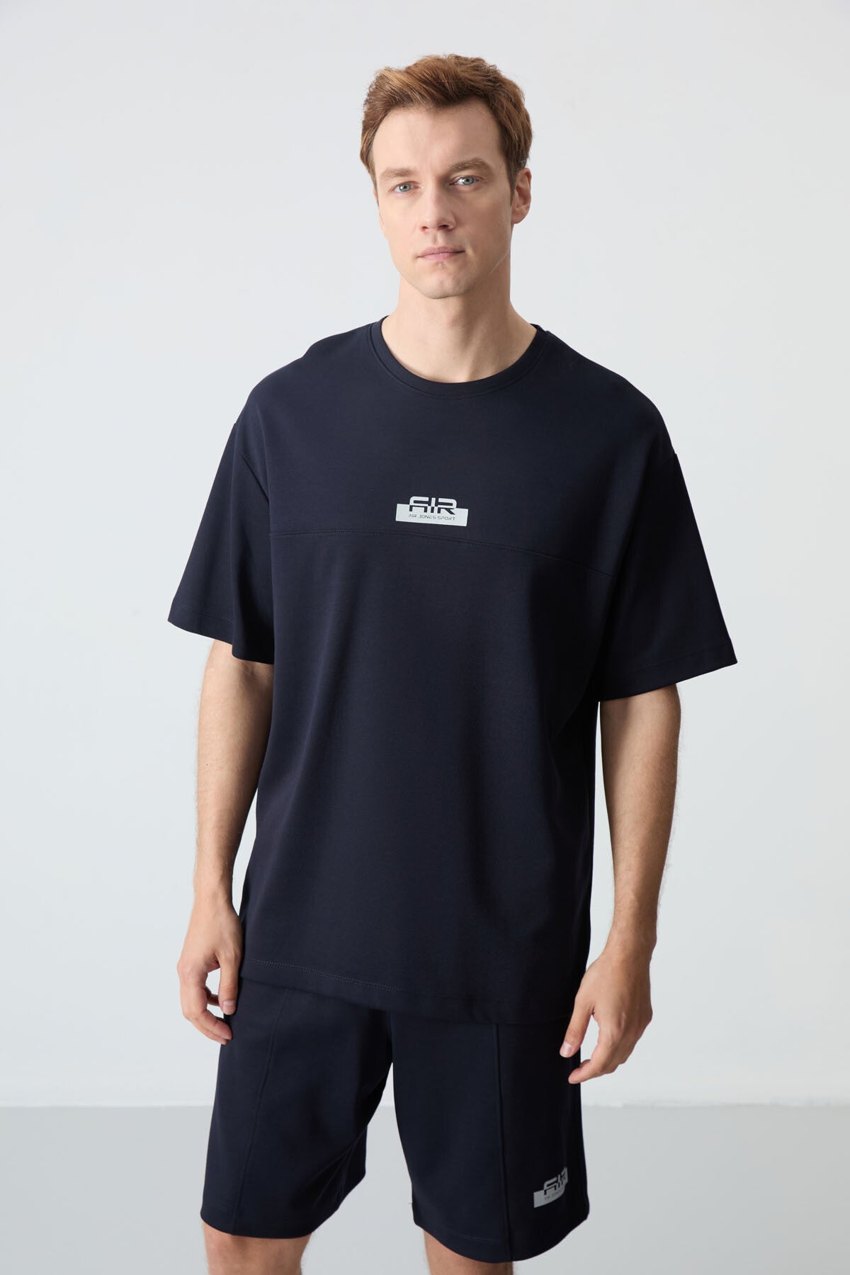 Image of Lacivert Pamuklu Kalın Yumuşak Dokulu Oversize Fit Basic Erkek Şort Takım - 85259