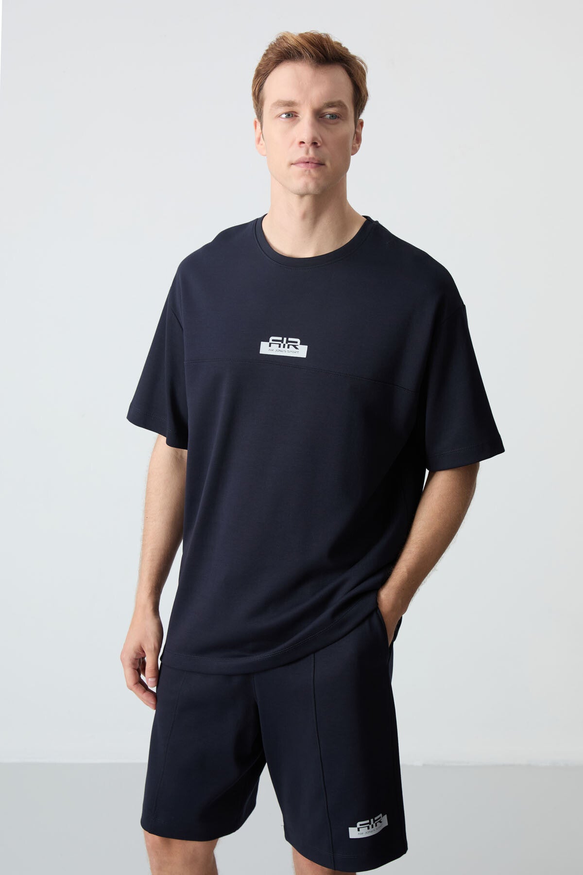 Image of Lacivert Pamuklu Kalın Yumuşak Dokulu Oversize Fit Basic Erkek Şort Takım - 85259