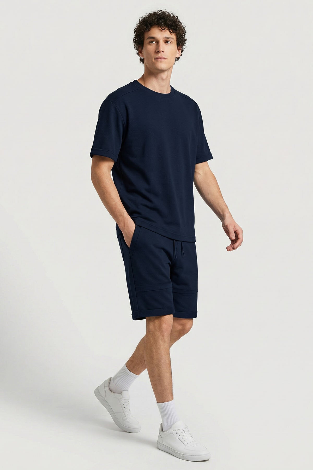Image of Lacivert Oversize Fit Yumuşak Dokulu Basic Erkek Şort Takım - 85274
