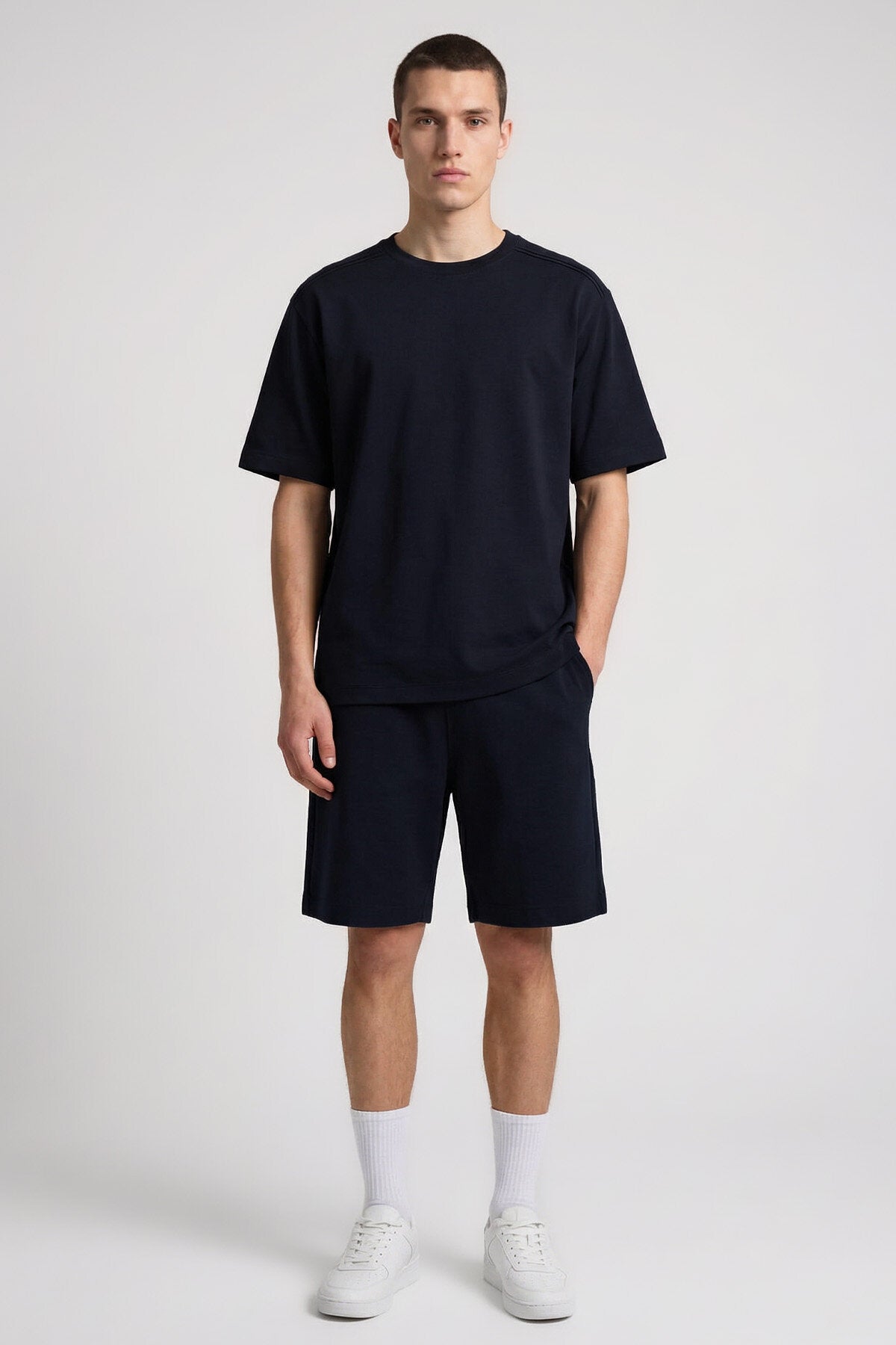 Image of Set pantaloni scurți bărbătești bleumarin, croială oversize, de bază - 85292