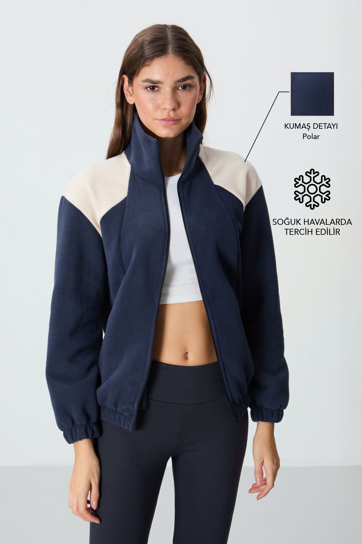 Image of Lacivert Kalın Yumuşak Dokulu Dik Yaka Oversize Nakışlı Polar Kadın Sweatshirt - 97293