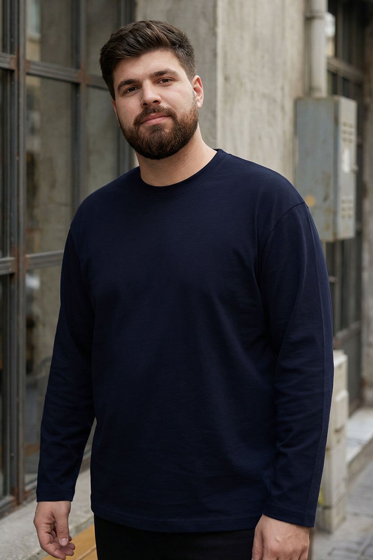 Image of Navy Blue Crew Neck Relaxed Fit Plus Size Long Sleeve Men's T-Shirt - 88107