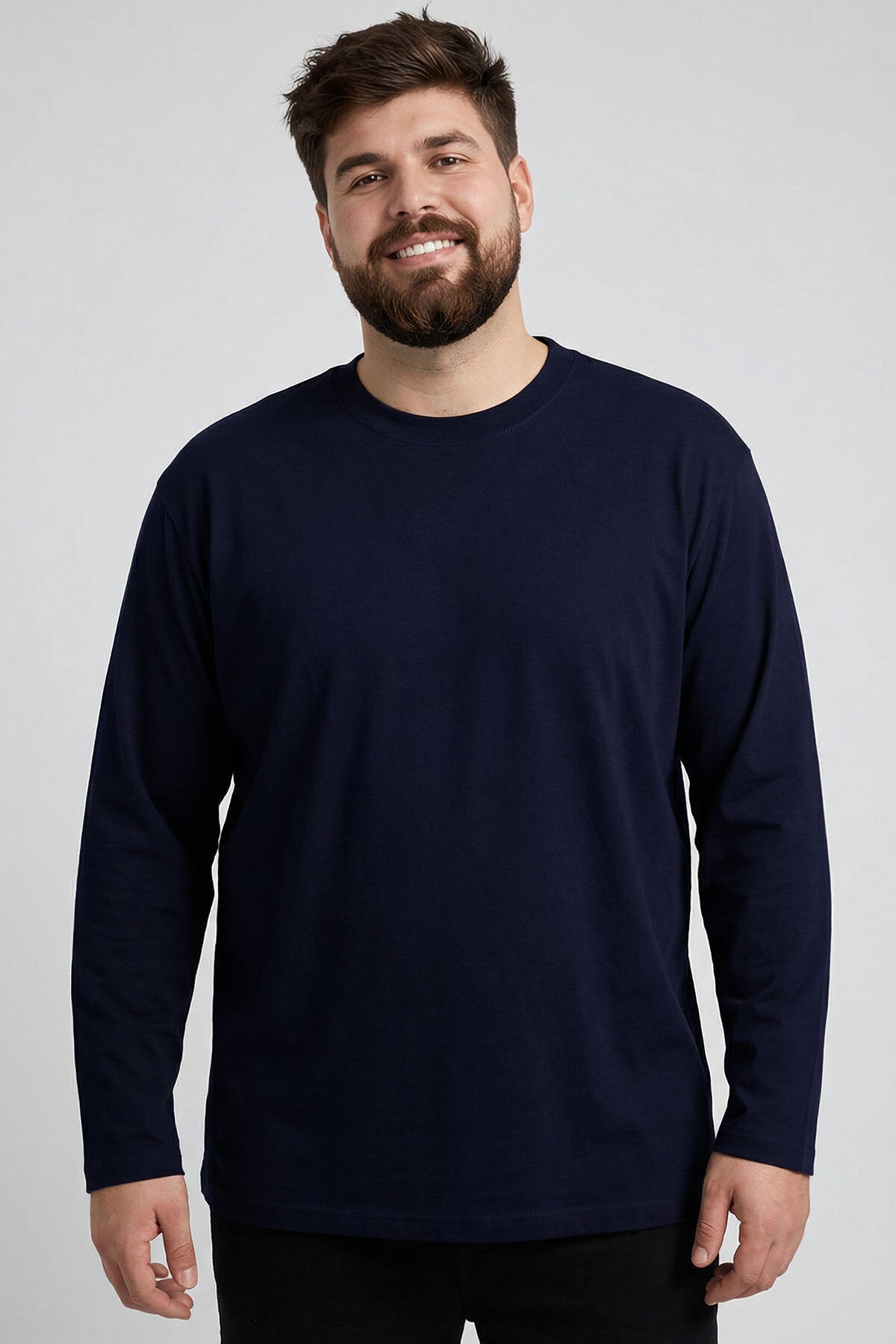 Image of Lacivert O Yaka Rahat Form Battal Büyük Beden Uzun Kollu Erkek T-Shirt - 88107