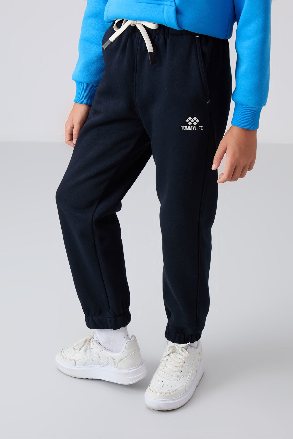 Image of Pantaloni de trening pentru băieți, bleumarin, din bumbac gros, căptușit cu fleece, texturat moale, croială standard, imprimați - 11225