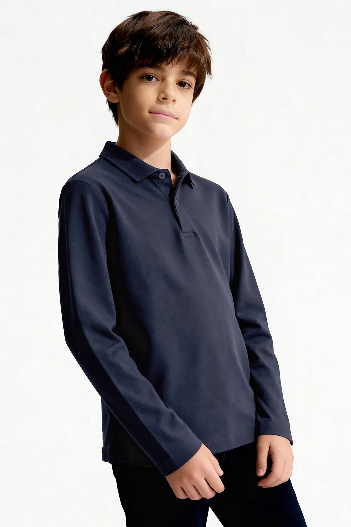 Image of Lacivert Polo Yaka Basic Uzun Kollu Unisex Çocuk T-Shirt - 11170