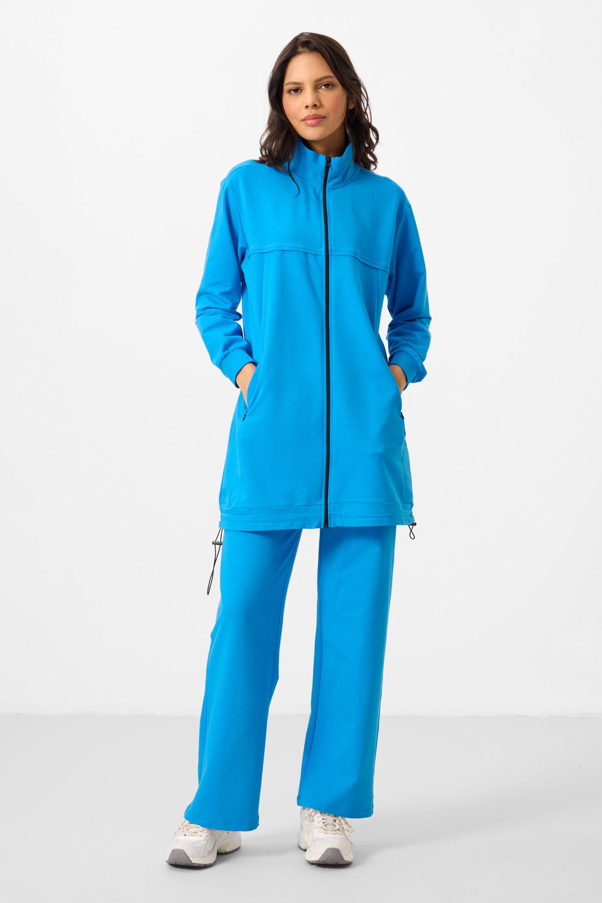 Image of Mavi Dik Yaka Fermuarlı Pamuklu Kadın Eşofman Tunik Takım - 95346