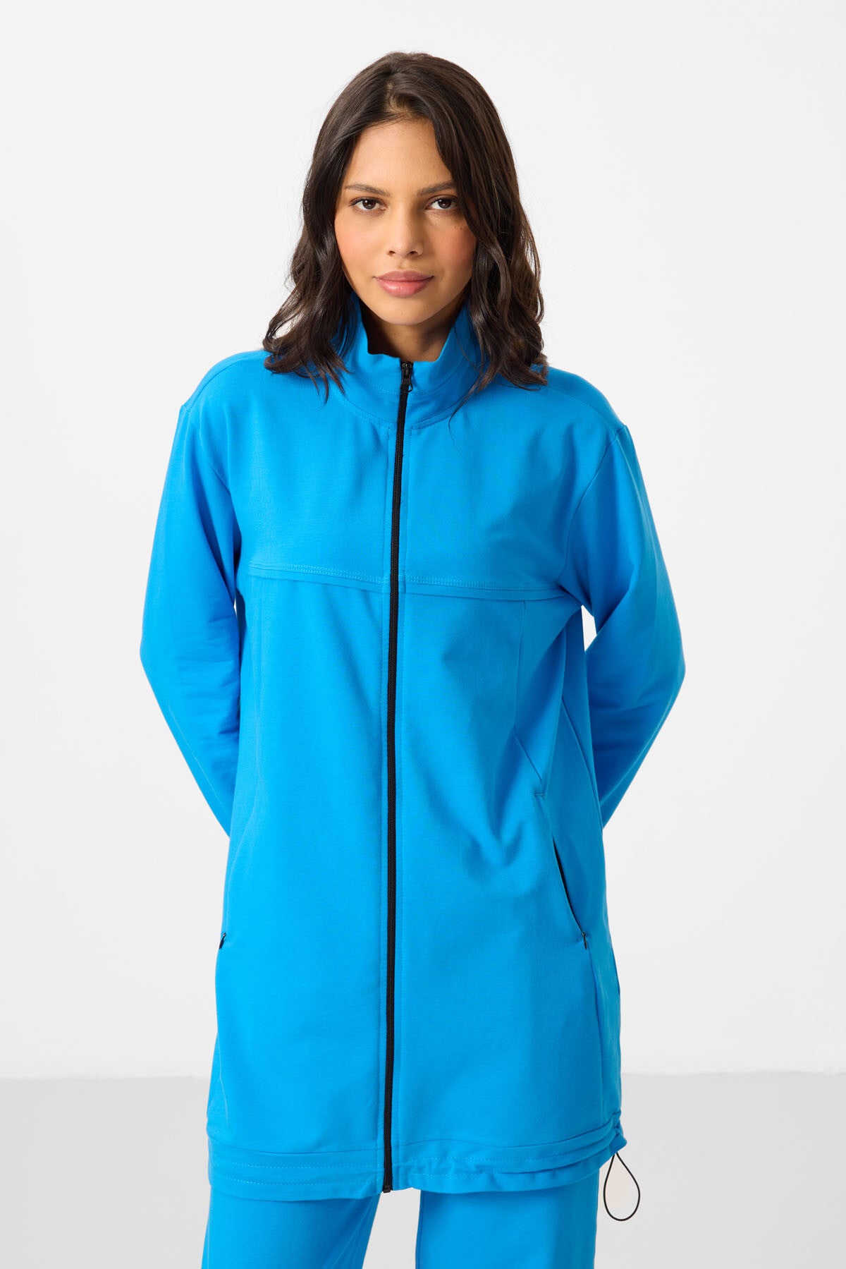 Image of Mavi Dik Yaka Fermuarlı Pamuklu Kadın Eşofman Tunik Takım - 95346