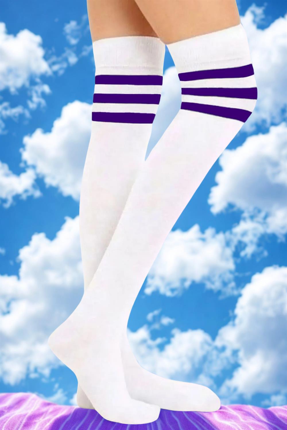 Image of White knee-high cotton socks with purple stripes