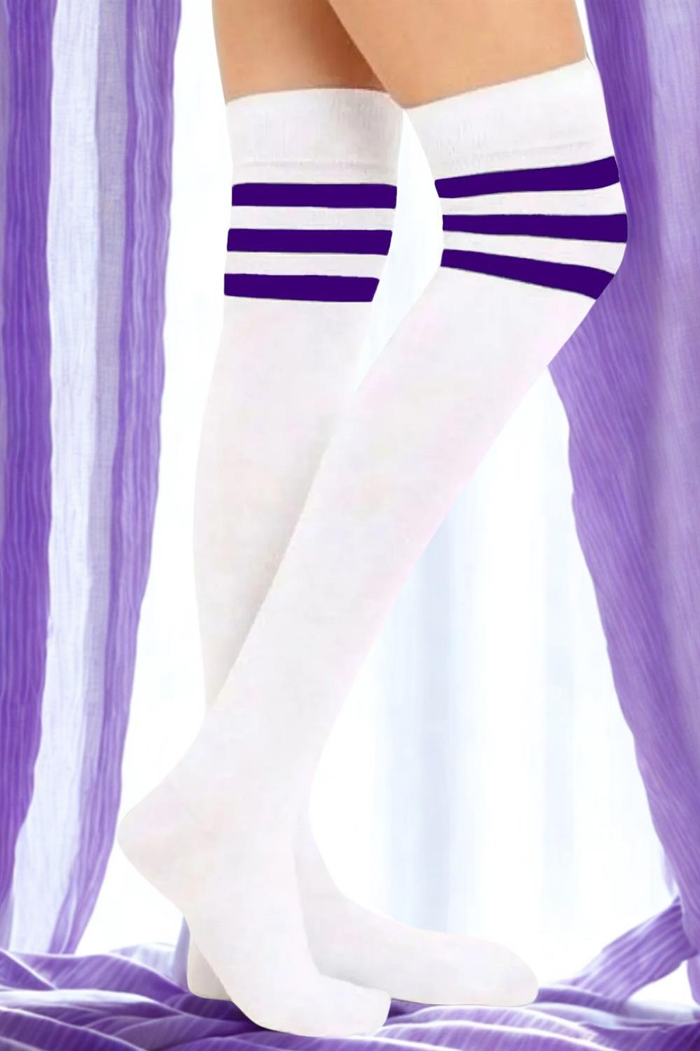Image of White knee-high cotton socks with purple stripes