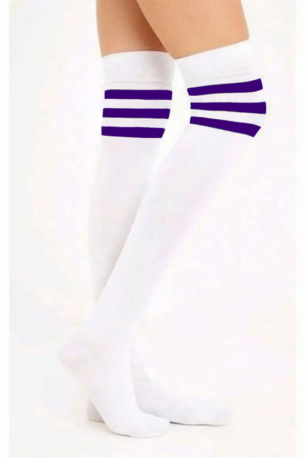 Image of White knee-high cotton socks with purple stripes