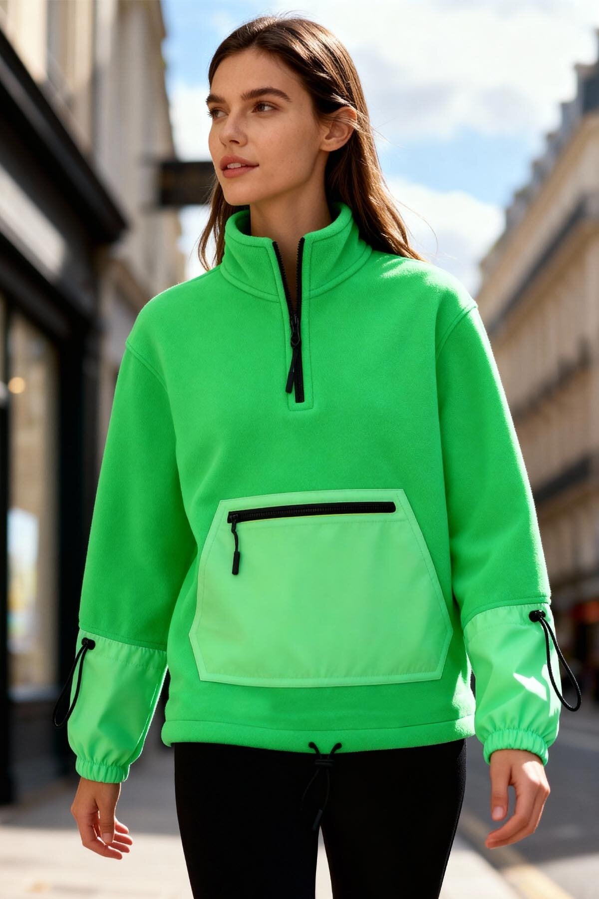 Image of Neon Yeşil Etek Ucu Büzgülü Yarım Fermuarlı Oversize Kadın Polar Sweatshirt - 97238