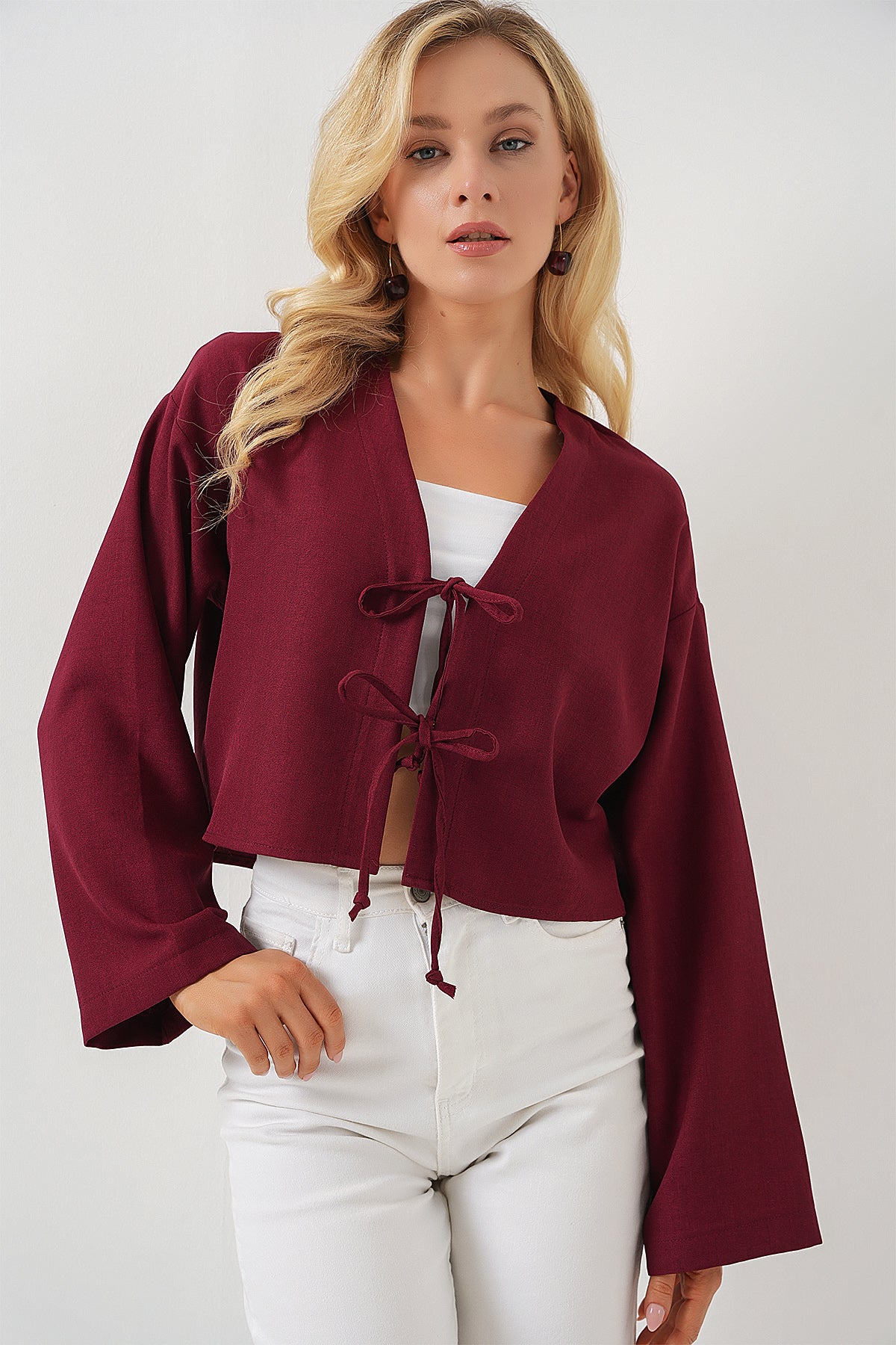 Image of Önü Bağlamalı Keten Kimono 960 - Bordo