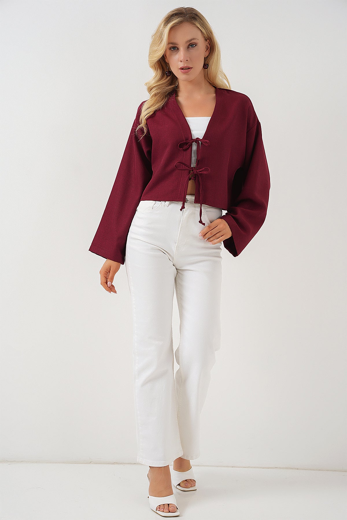 Image of Önü Bağlamalı Keten Kimono 960 - Bordo