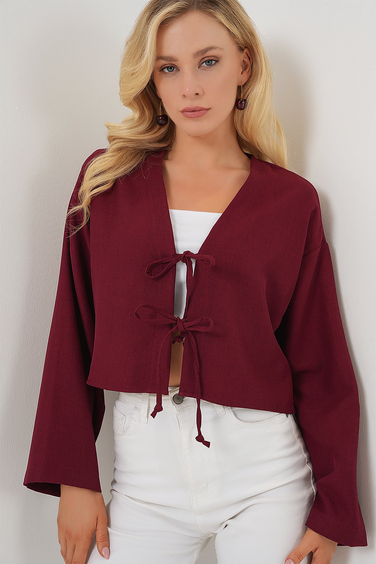 Image of Önü Bağlamalı Keten Kimono 960 - Bordo