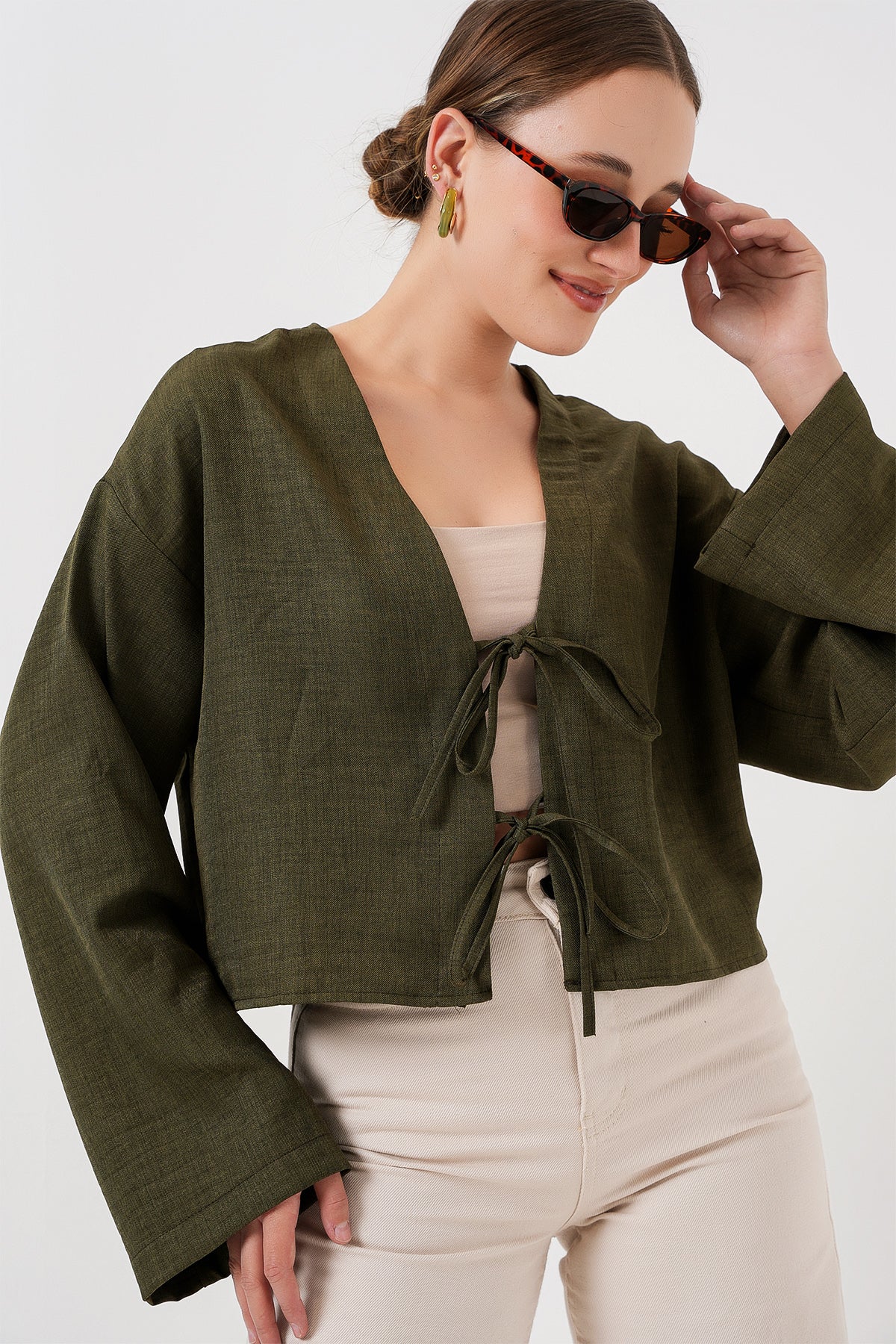 Image of Önü Bağlamalı Keten Kimono 960 - Haki