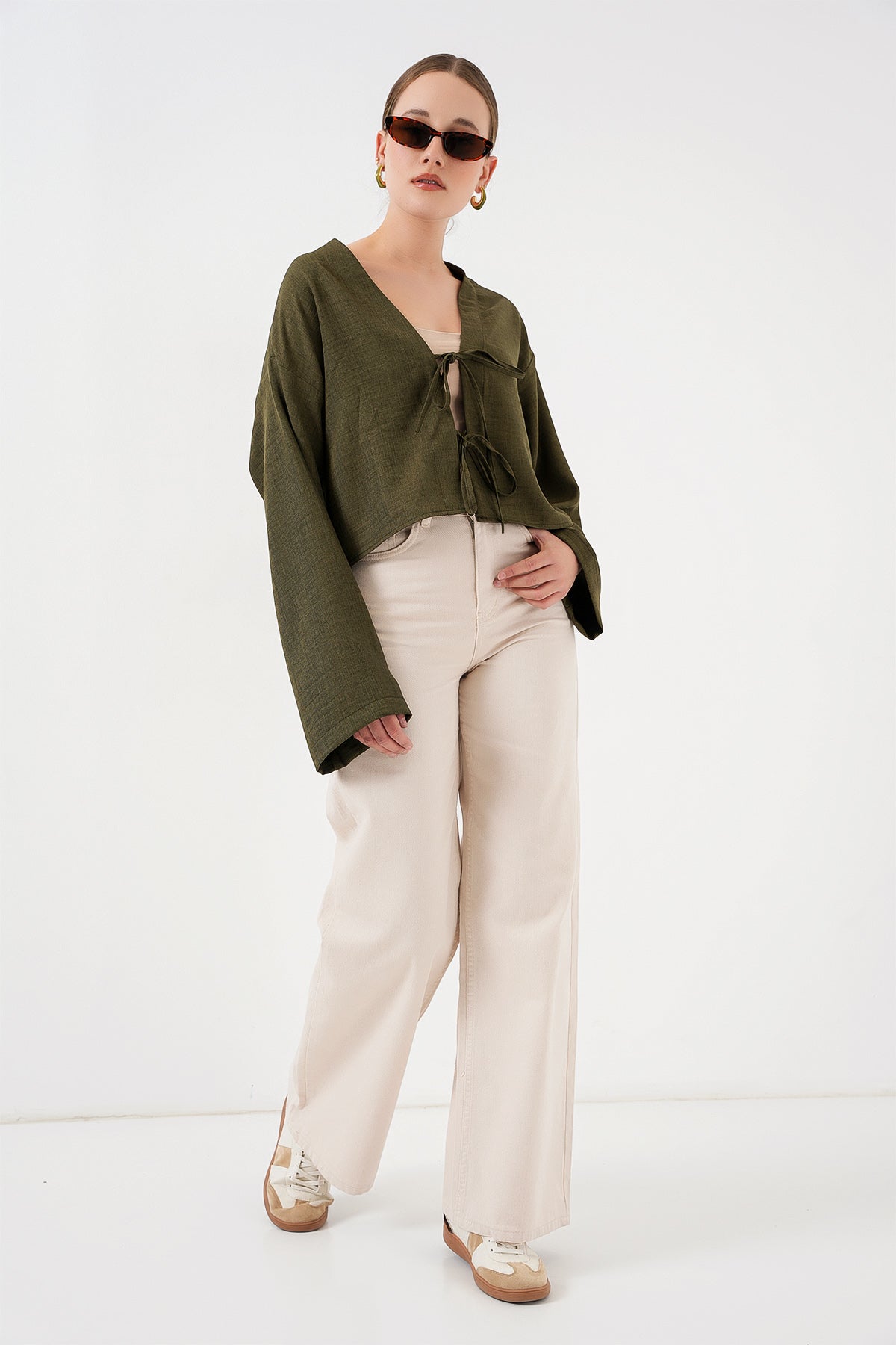 Image of Önü Bağlamalı Keten Kimono 960 - Haki