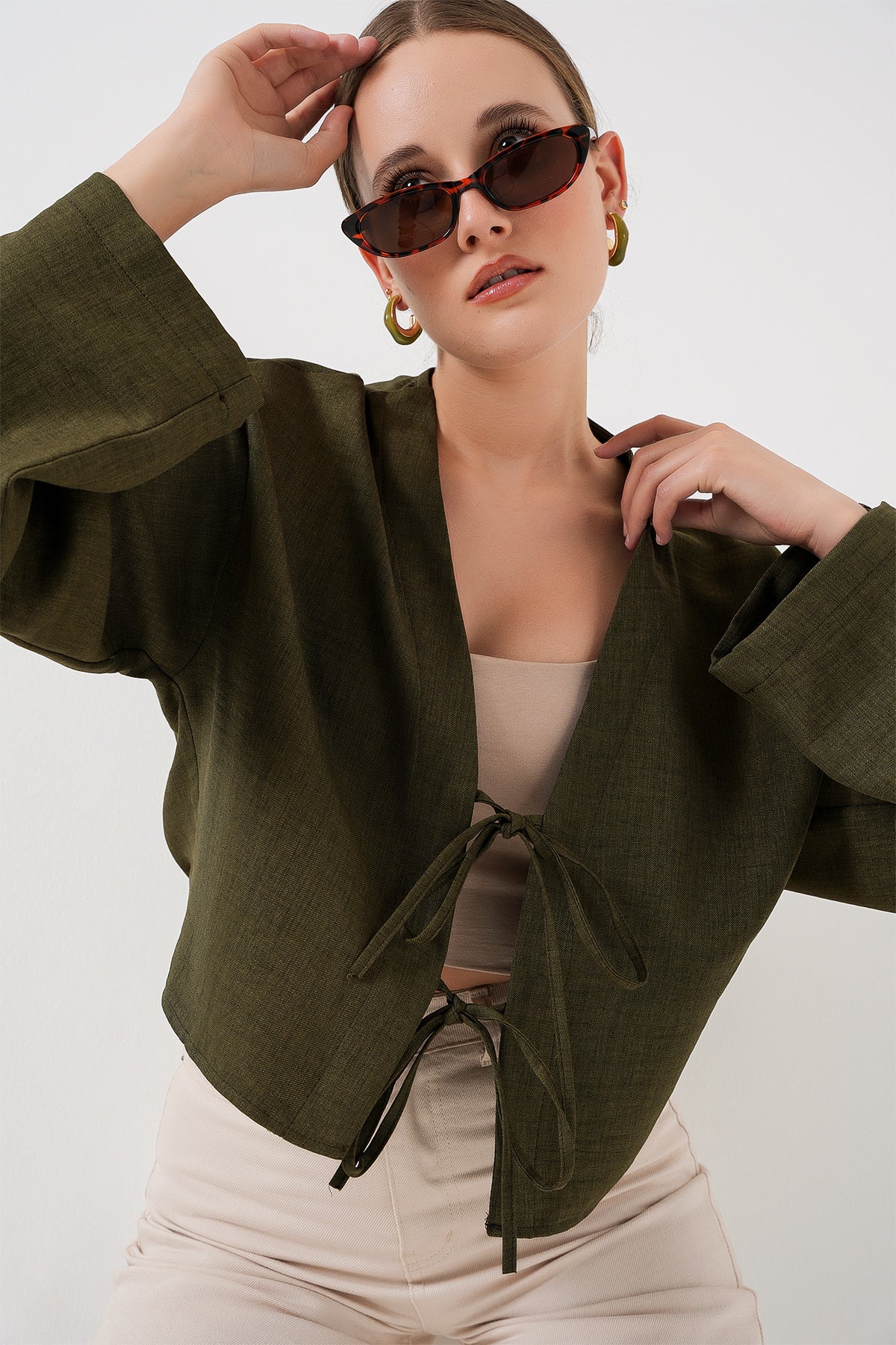 Image of Önü Bağlamalı Keten Kimono 960 - Haki