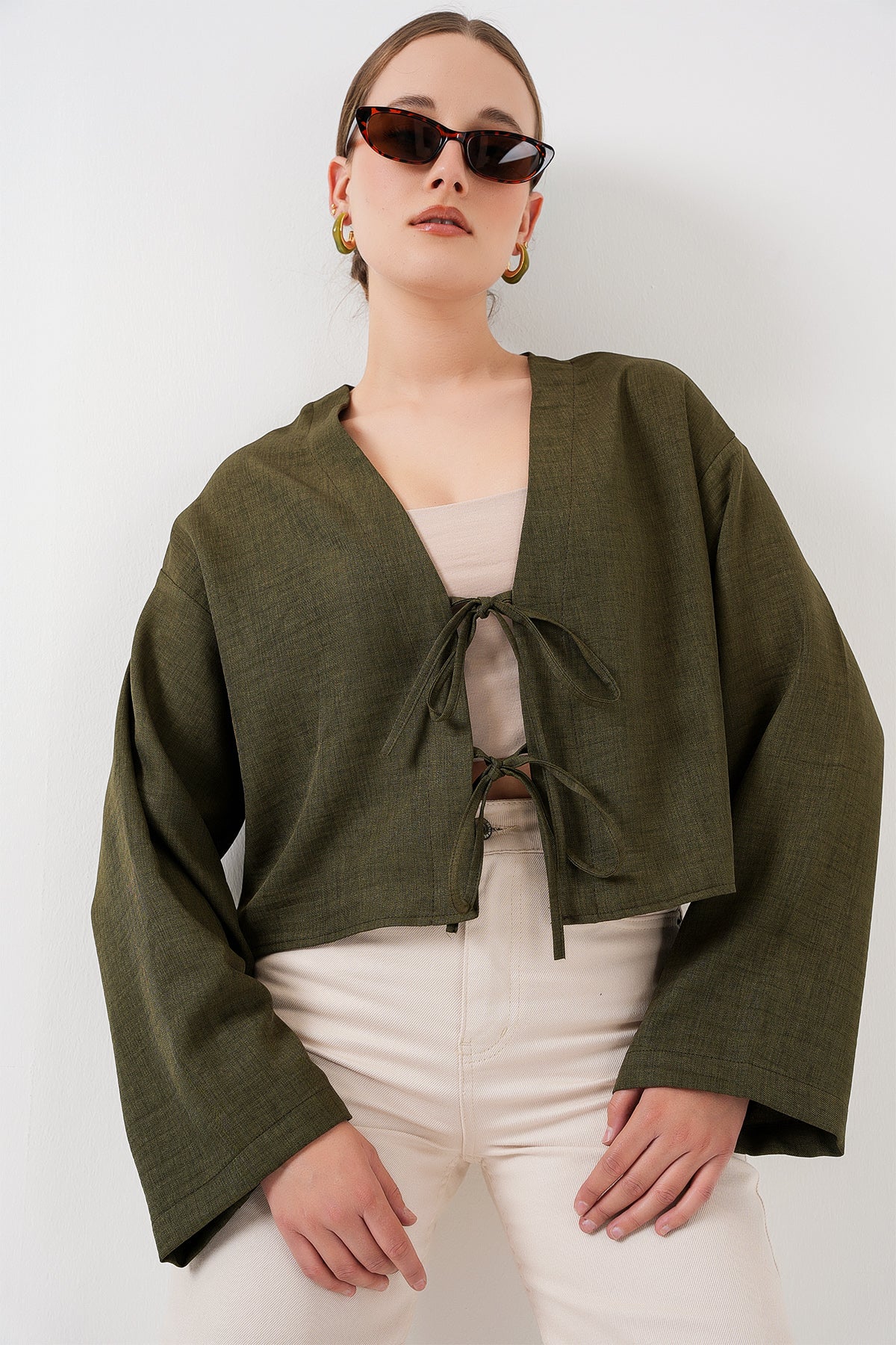 Image of Önü Bağlamalı Keten Kimono 960 - Haki