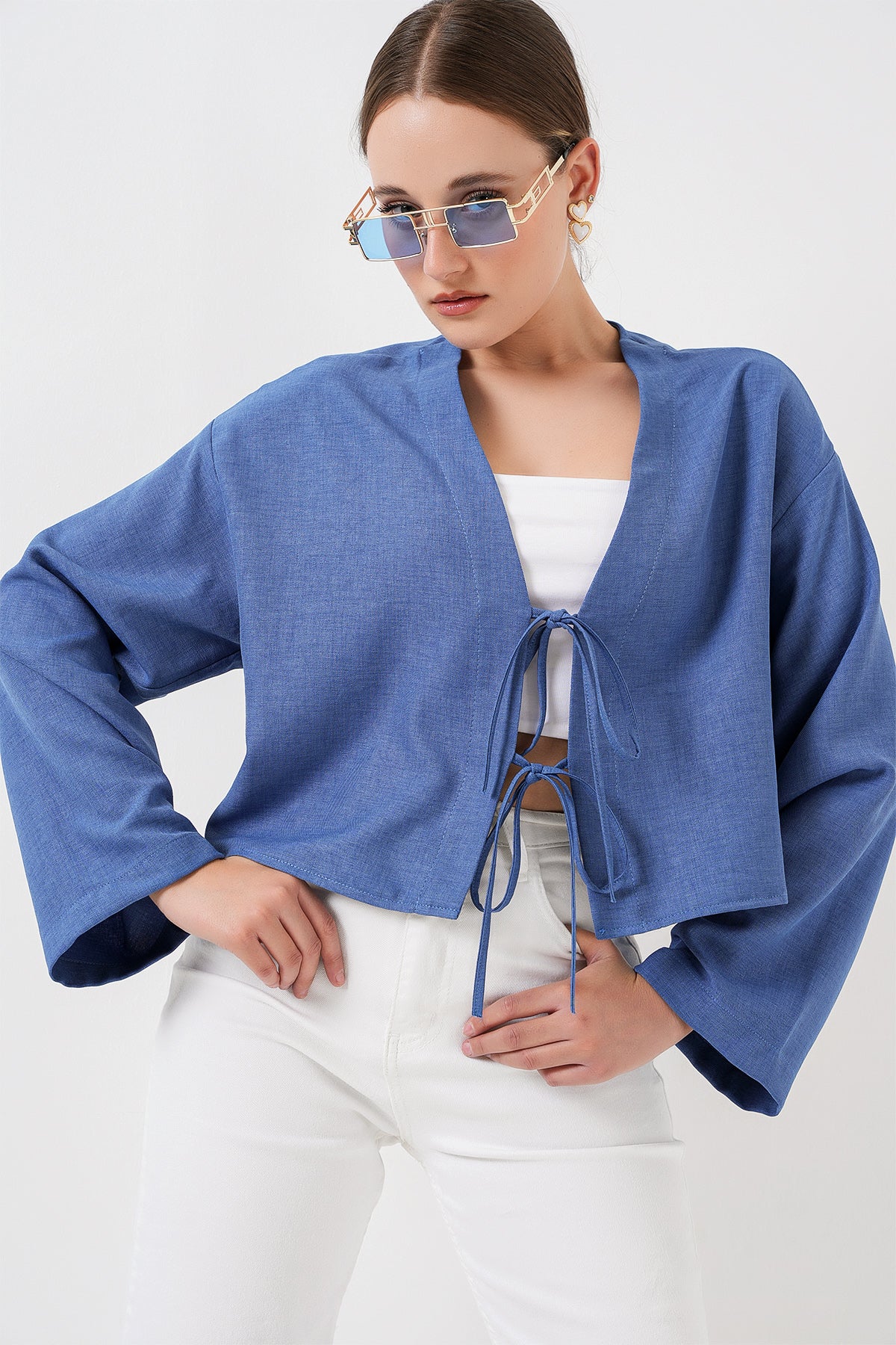Image of Önü Bağlamalı Keten Kimono 960 - İndigo