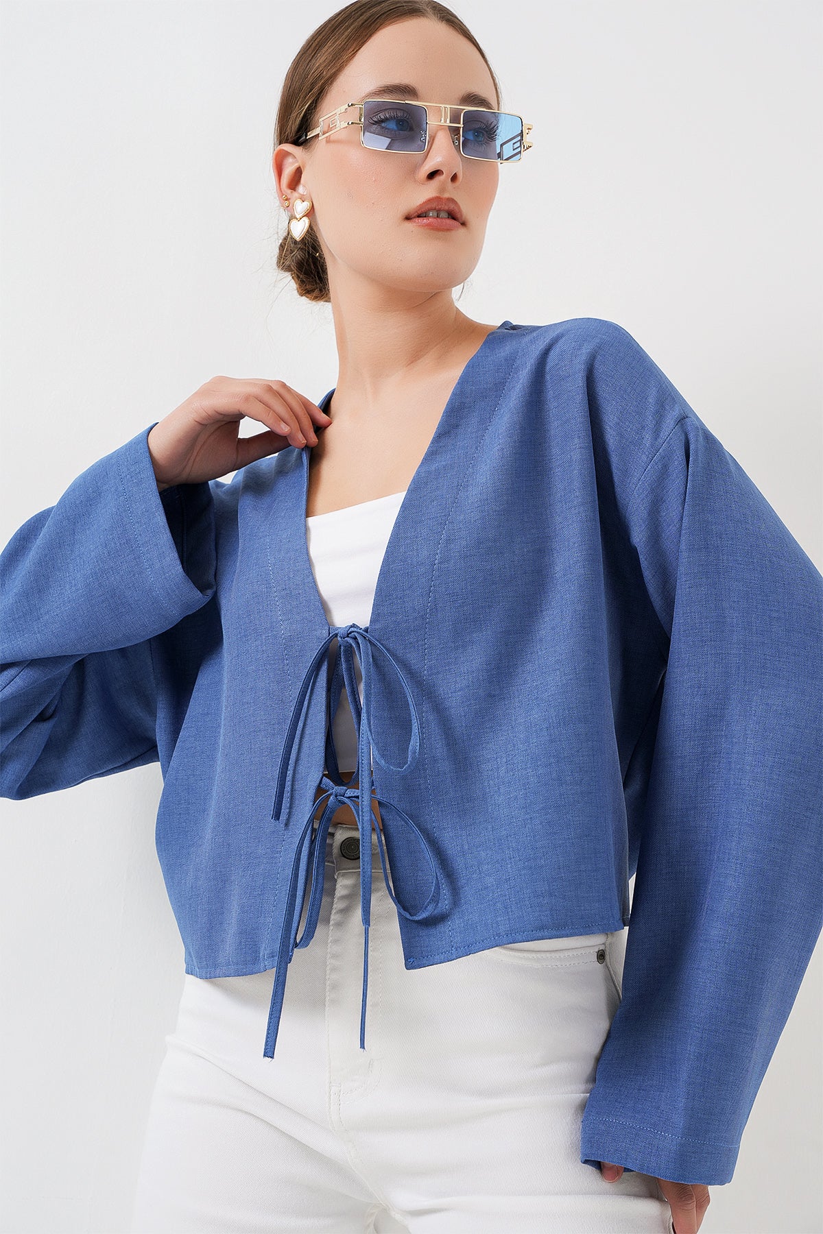 Image of Önü Bağlamalı Keten Kimono 960 - İndigo