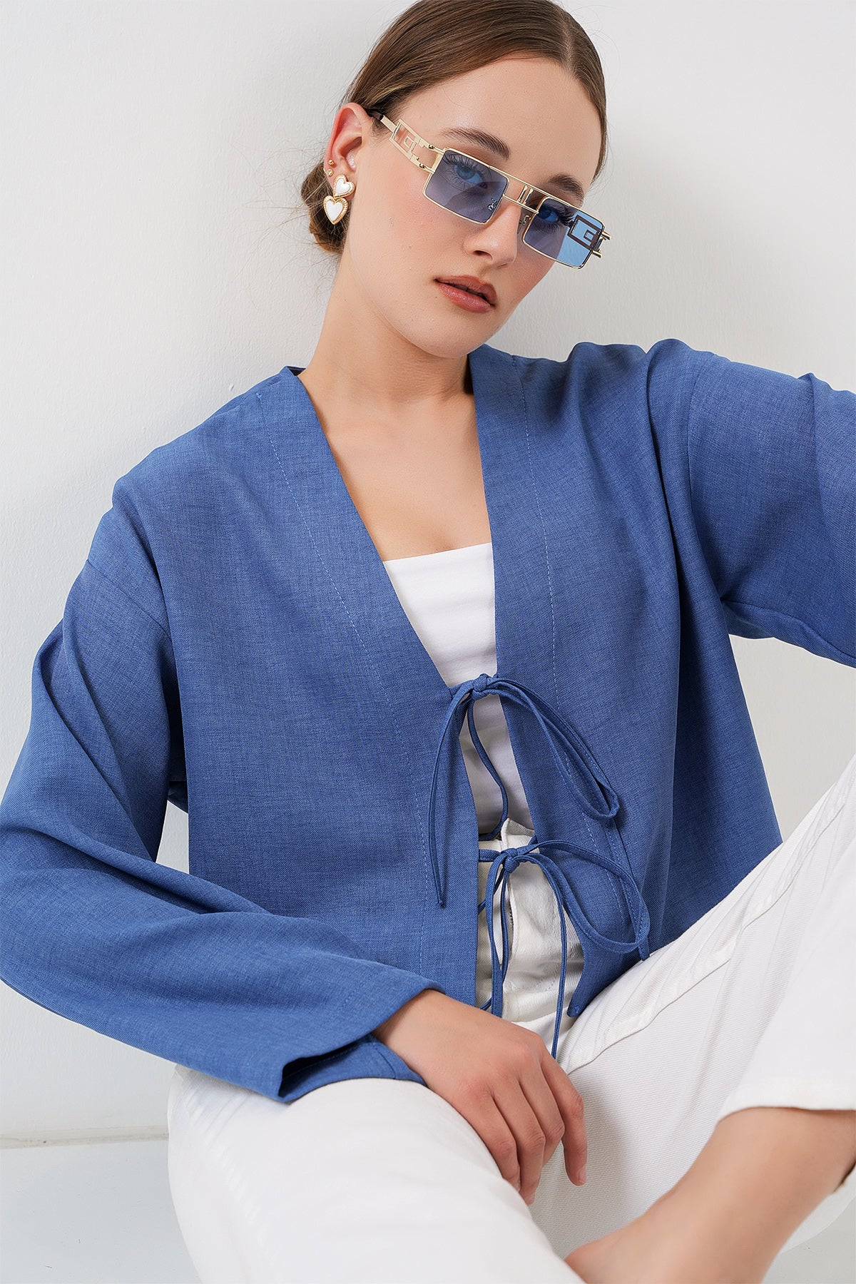 Image of Önü Bağlamalı Keten Kimono 960 - İndigo