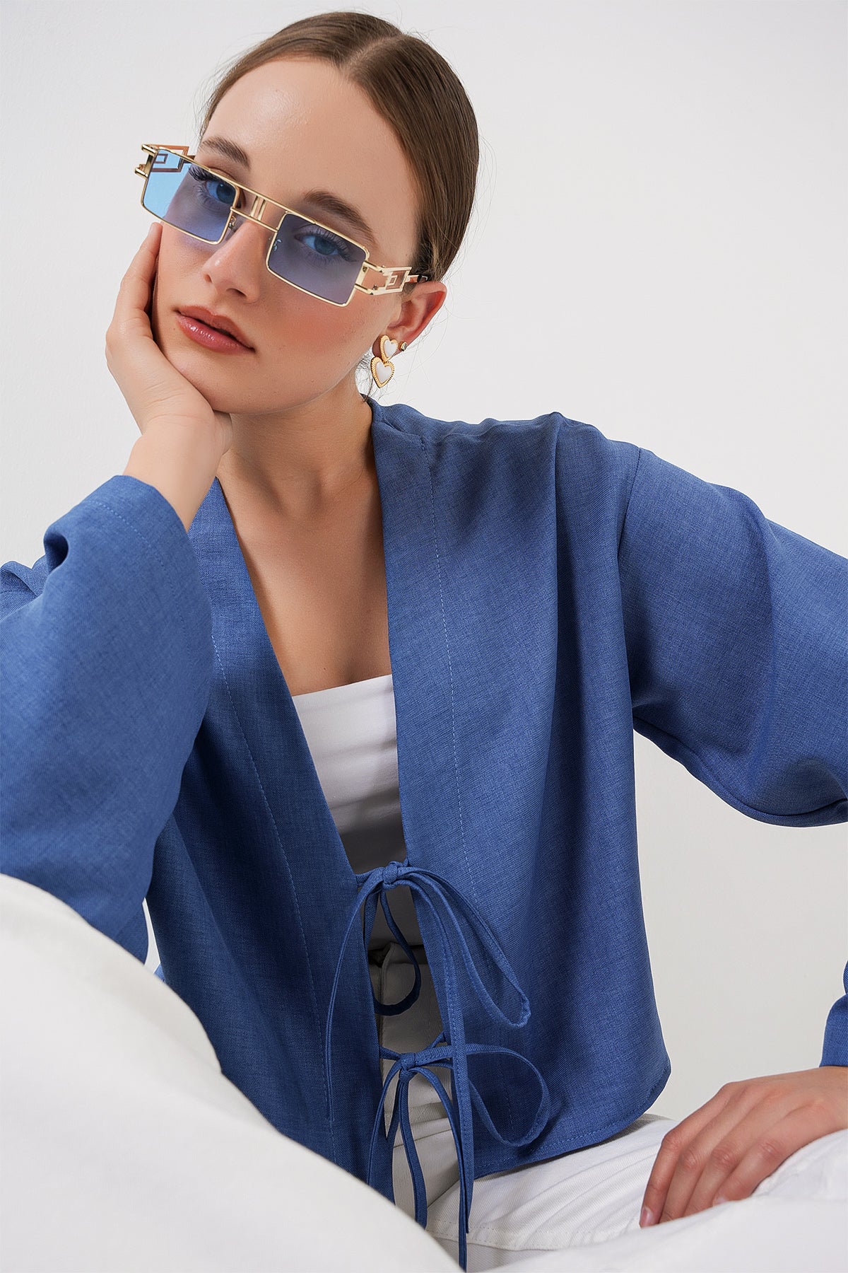 Image of Önü Bağlamalı Keten Kimono 960 - İndigo