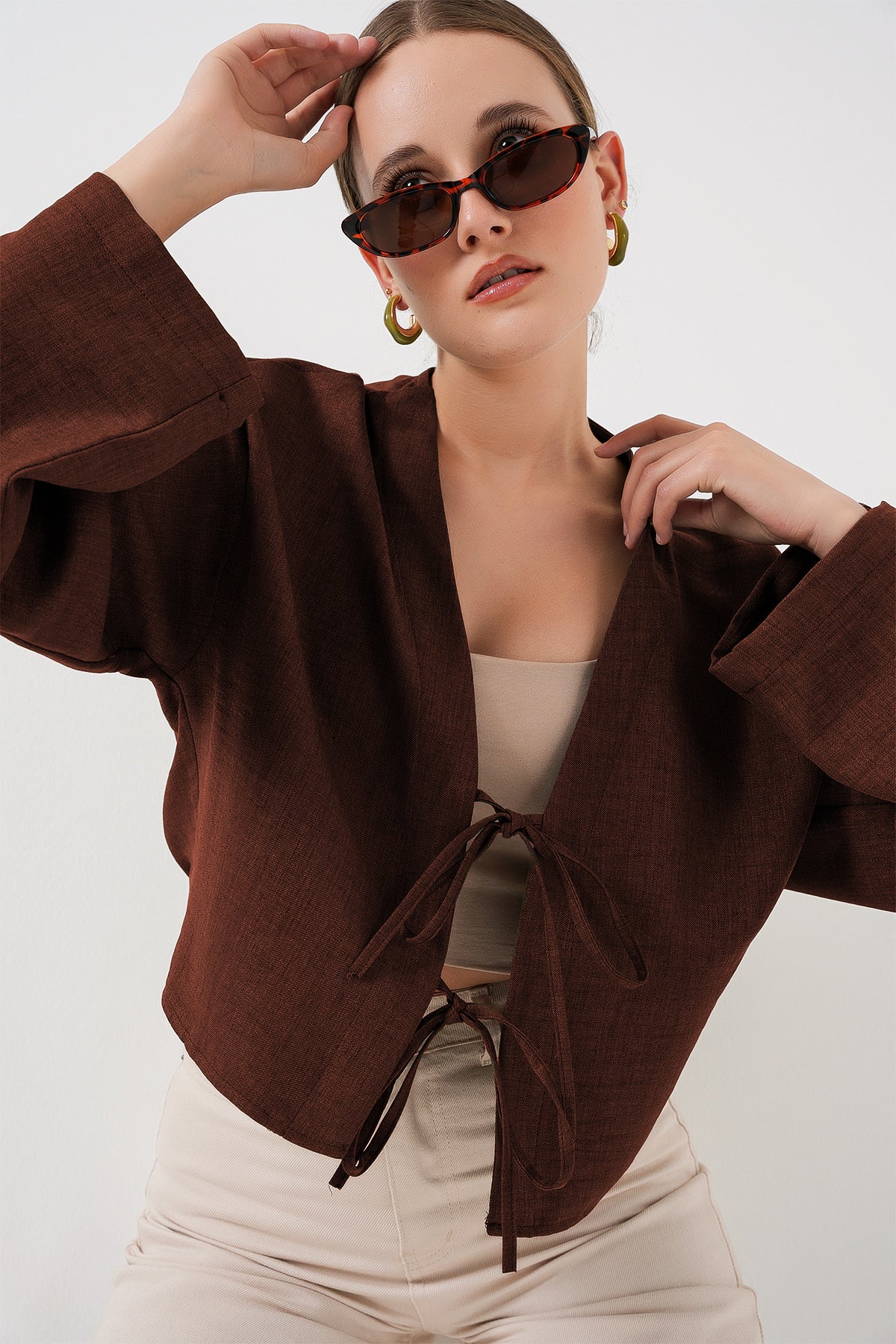 Image of Önü Bağlamalı Keten Kimono 960 - Kahverengi