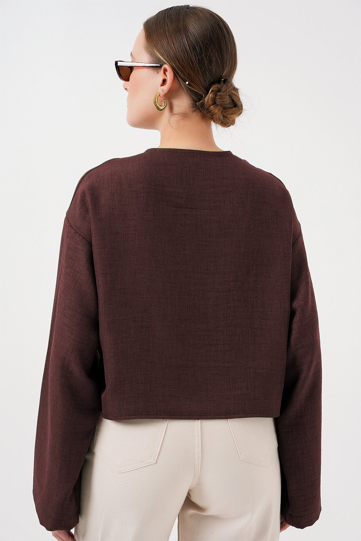 Image of Önü Bağlamalı Keten Kimono 960 - Kahverengi